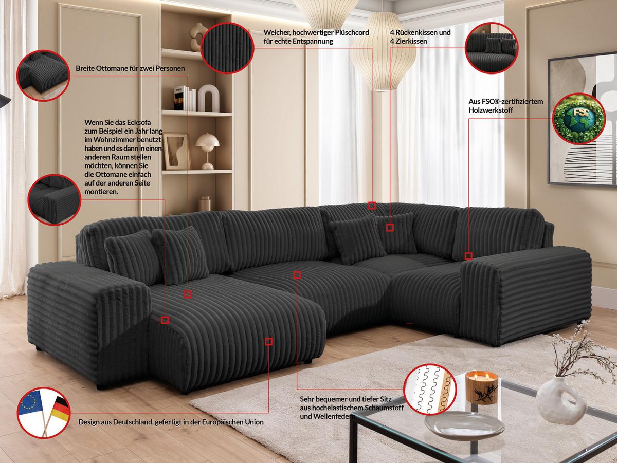 WOHNLANDSCHAFT Mollis Dunkelgrau Plüschcord im XXL-Format - Ottomane Links - Dunkelgrau/Schwarz, Holz/Kunststoff (316/77/194cm) - S-Style Möbel