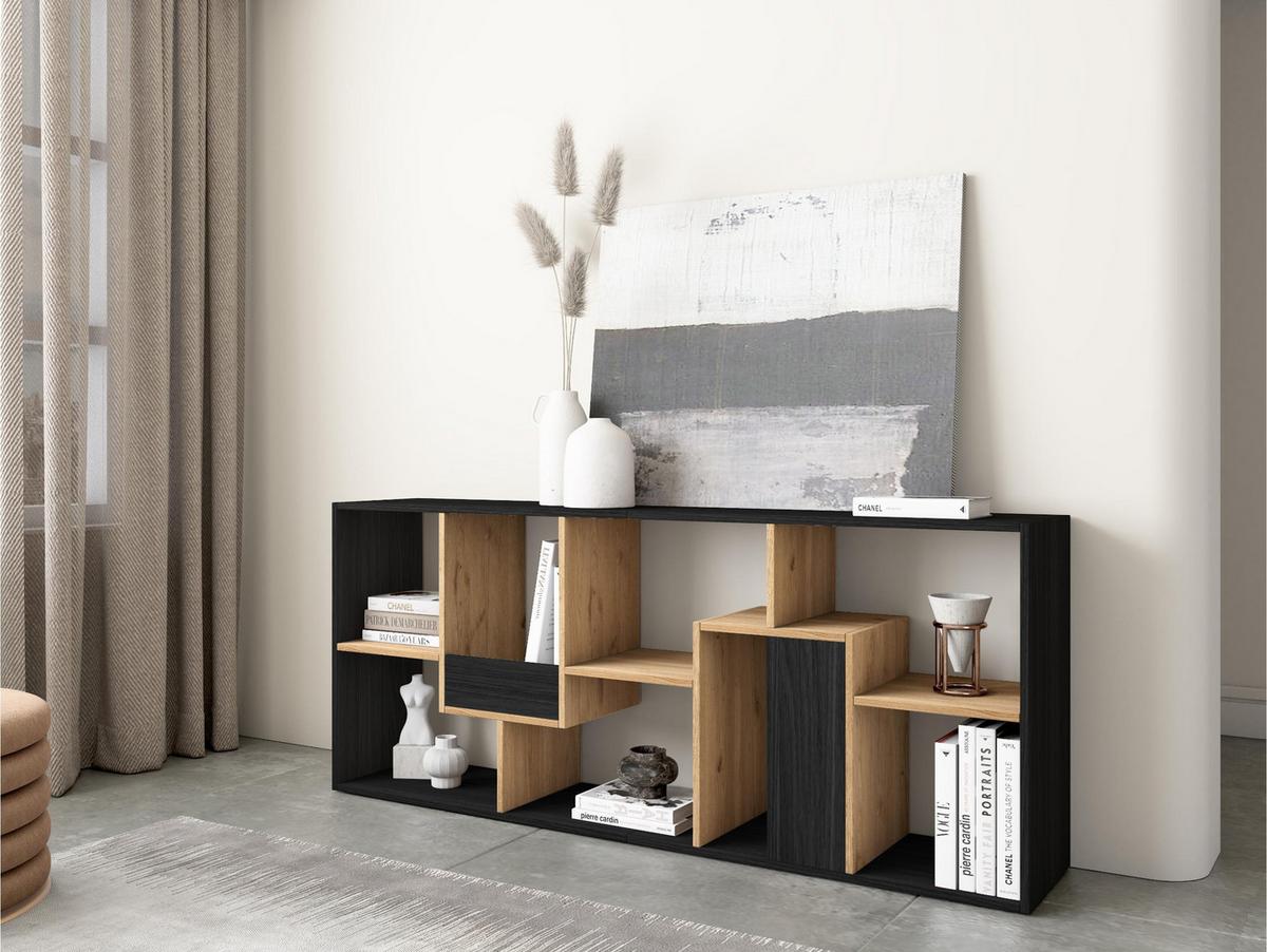 REGAL Bibliothek, Schwarz und Eiche, 67/31/162cm - Eichefarben/Schwarz, Holzwerkstoff (67/162/31cm) - Skraut Home