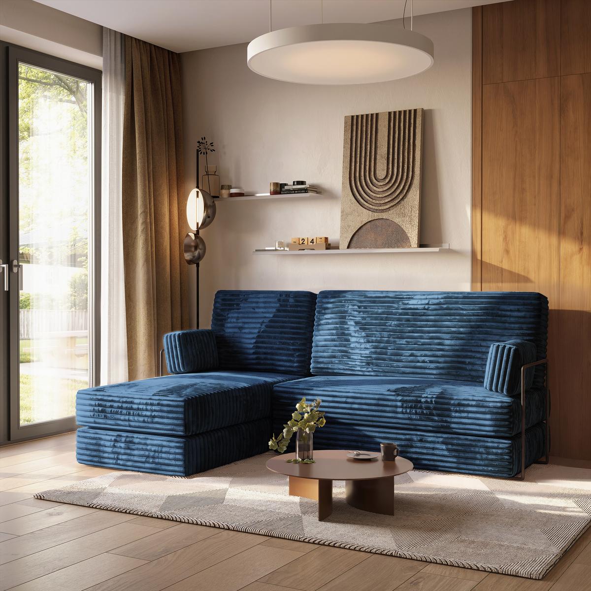 ECKSOFA NOTIA modulares Boneless Sofa mit Schlaffunktion Blau Kordstoff - Blau, Textil (200/120cm) - MASSENO