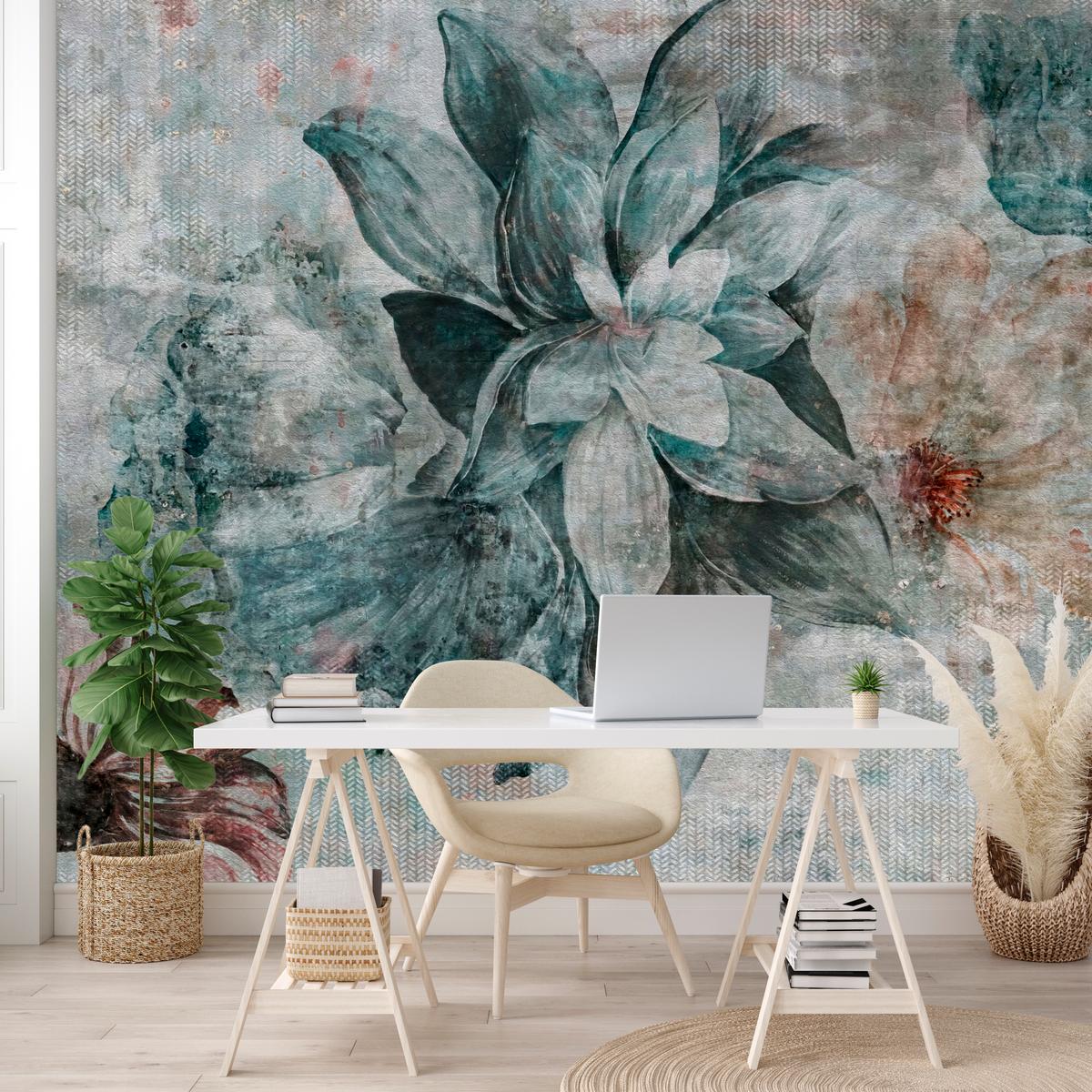 FOTOTAPETE für Schlafzimmer Aquarellblumen Beton Natur Pflanzen 300x210 - Grau, Papier (300/210cm) - Muralo