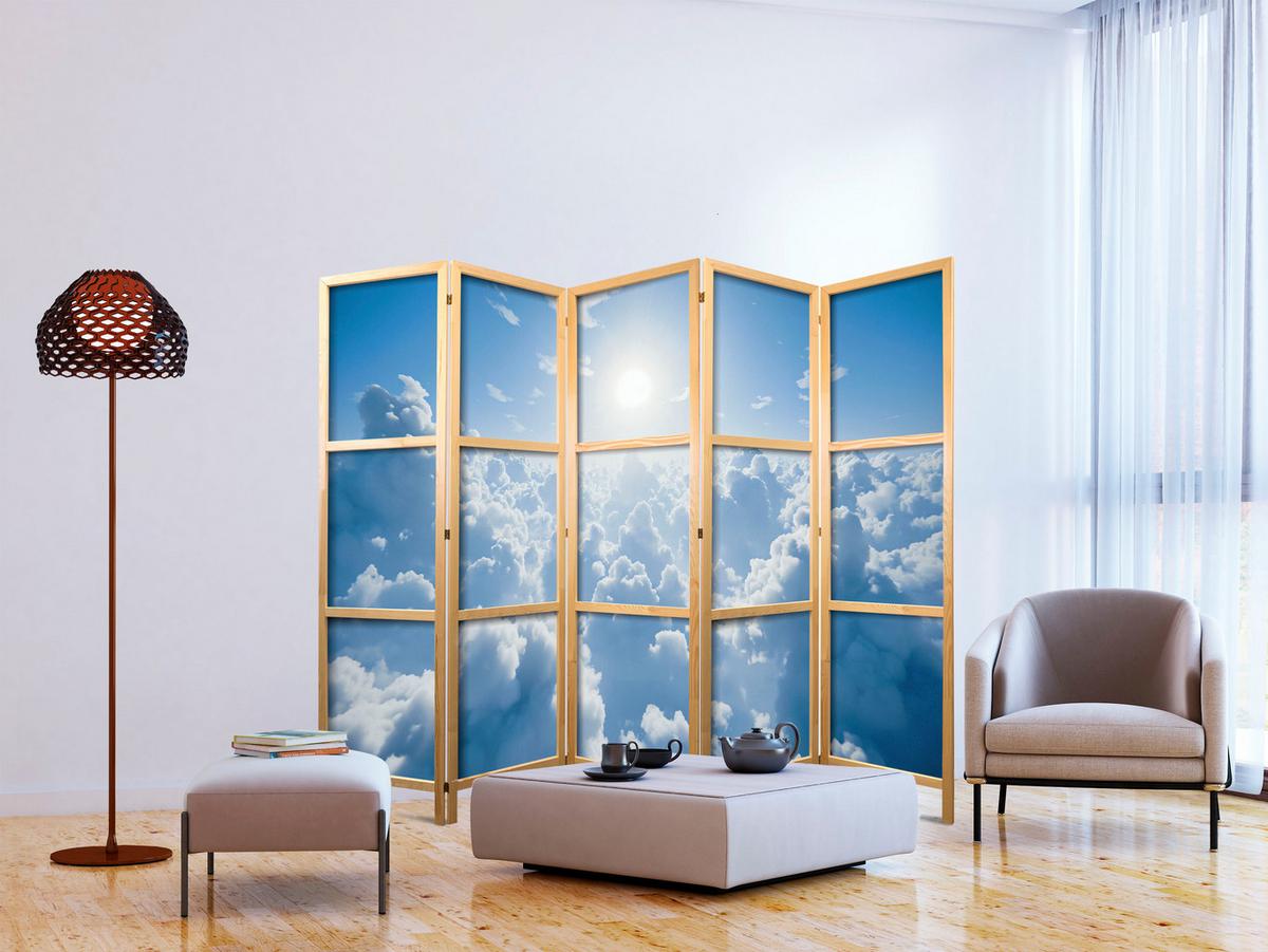 PARAVENT Japanischer 5-tlg 225x172 cm Wolken Und Sonne - Blau, Holz/Textil (225/172/3cm) - Muralo