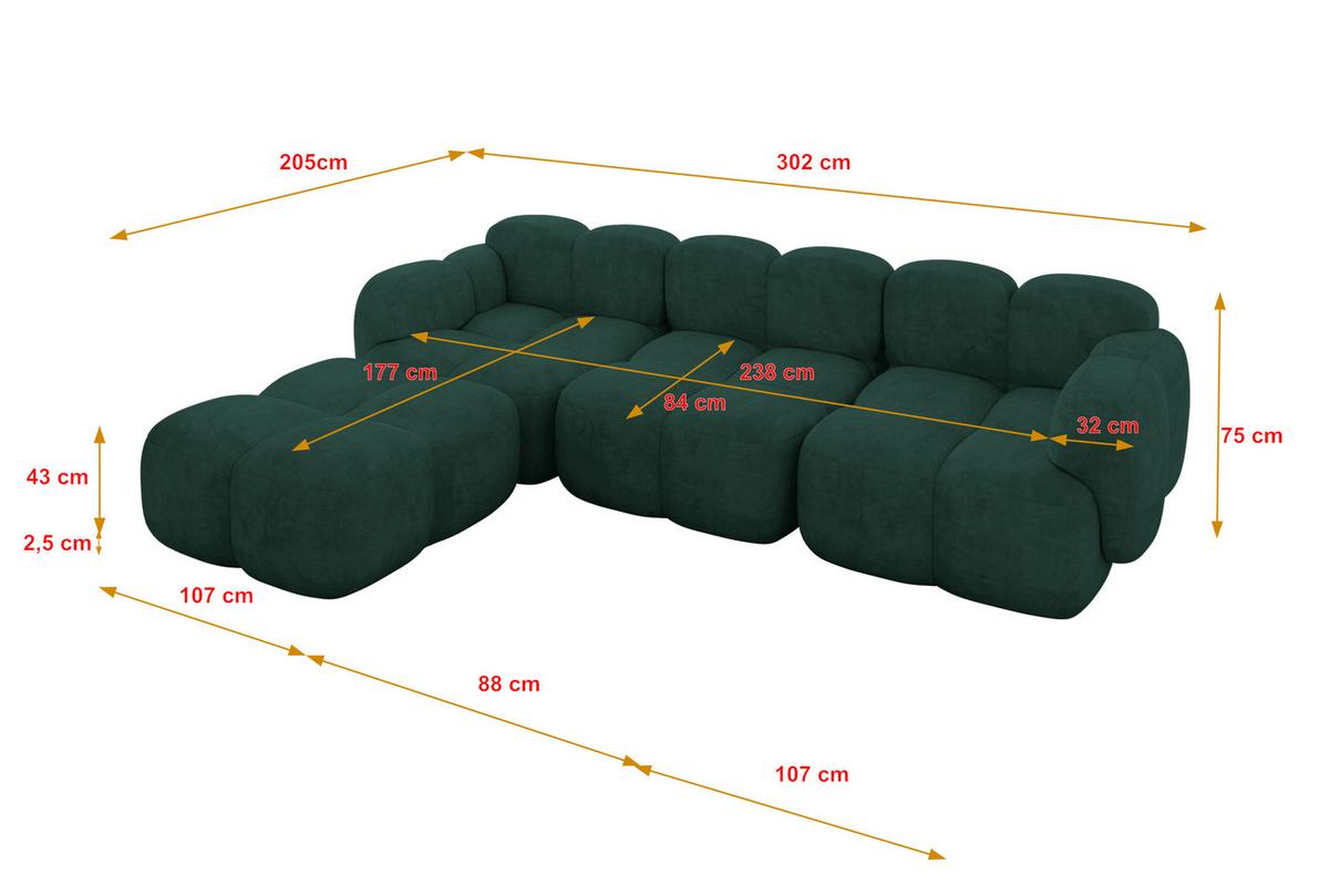ECKSOFA modulares Sofa Links Miko-L2 302x205x75 Grün Velours - Schwarz/Grün, Holzwerkstoff/Kunststoff (302/205cm) - ALTDECOR