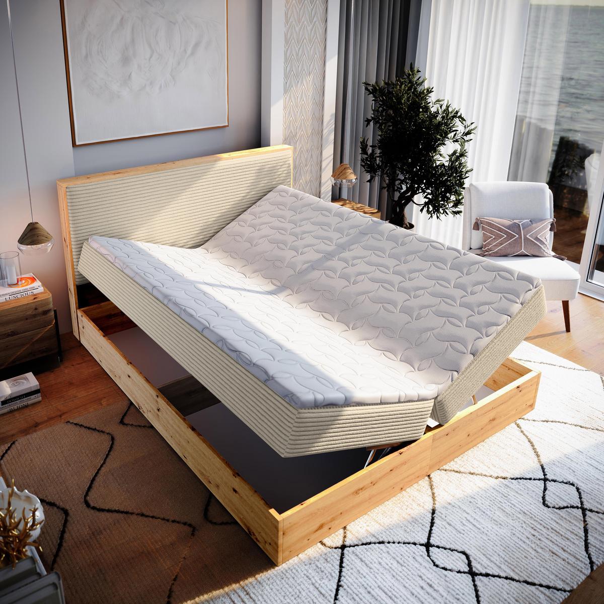 BOXBETT VERDON 180x200 cm mit Matratze und Topper - Creme - Creme, Holz (180/200cm) - MASSENO