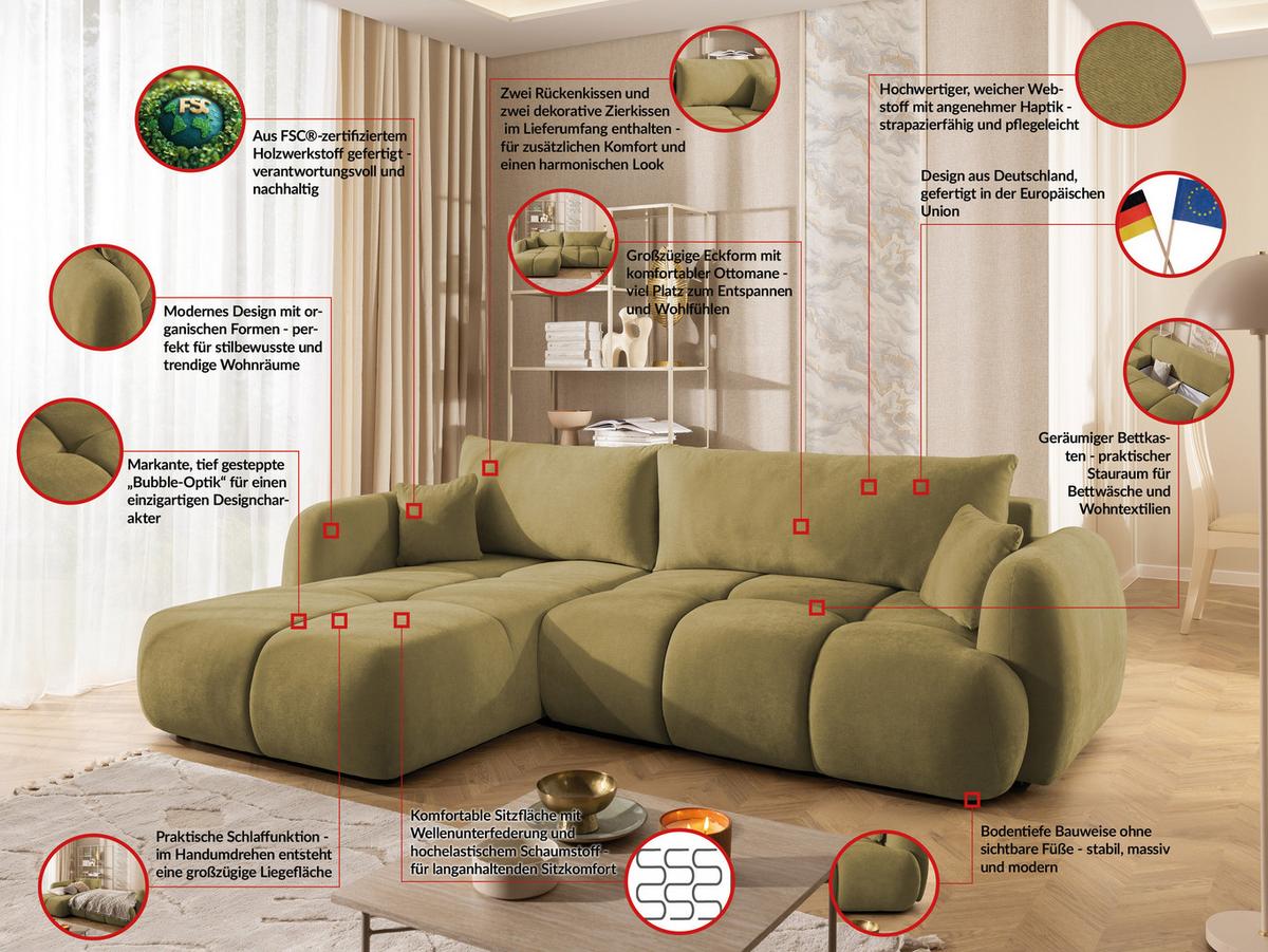 ECKSOFA Loretto aus natürlichem Grün Webstoff mit Schlaffunktion, Bettkasten und tiefen Steppungen in Bubble-Optik - Schwarz/Grün, Holz/Kunststoff (180/275cm) - S-Style