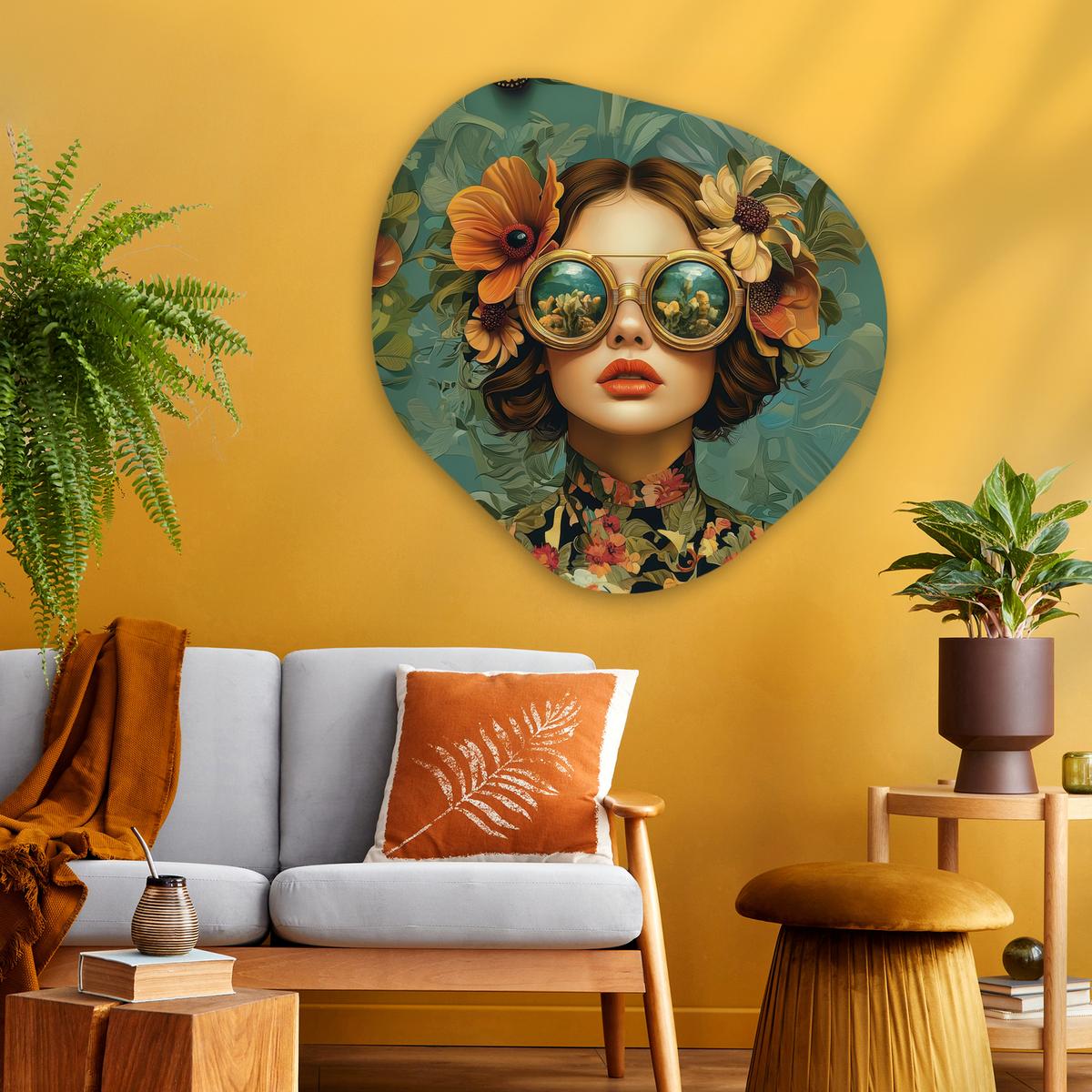 WANDBILD Frau - Blumen - Schmetterlinge - Natur - Vintage Room Decor 90x90 cm - Petrol, Kunststoff (90/90cm) - MuchoWow