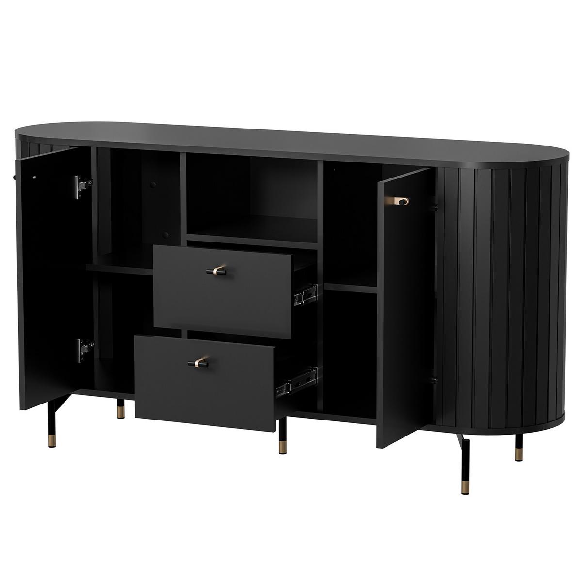 KOMMODE Zalia mit 2 Türen und 2 Schubladen, 150 cm, im Retro-Stil, Schwarz - Schwarz, Holzwerkstoff (150/81/40cm) - Beautysofa