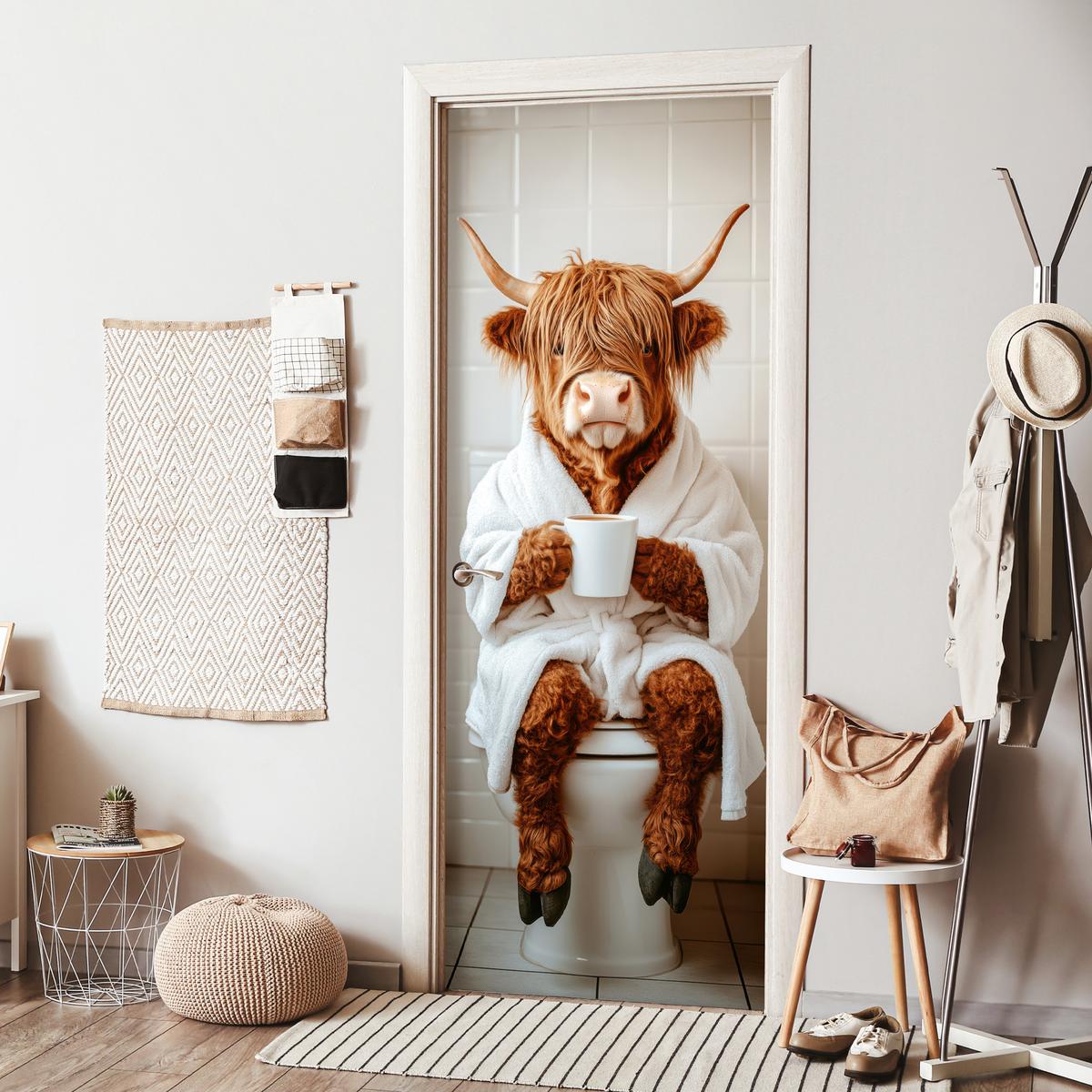 TÜRAUFKLEBER Schottischer Highlander - WC - Bademantel - Modern - Tiere 90x235 cm - Türtapete - Kastanienfarben, Kunststoff (90/0.1cm) - MuchoWow