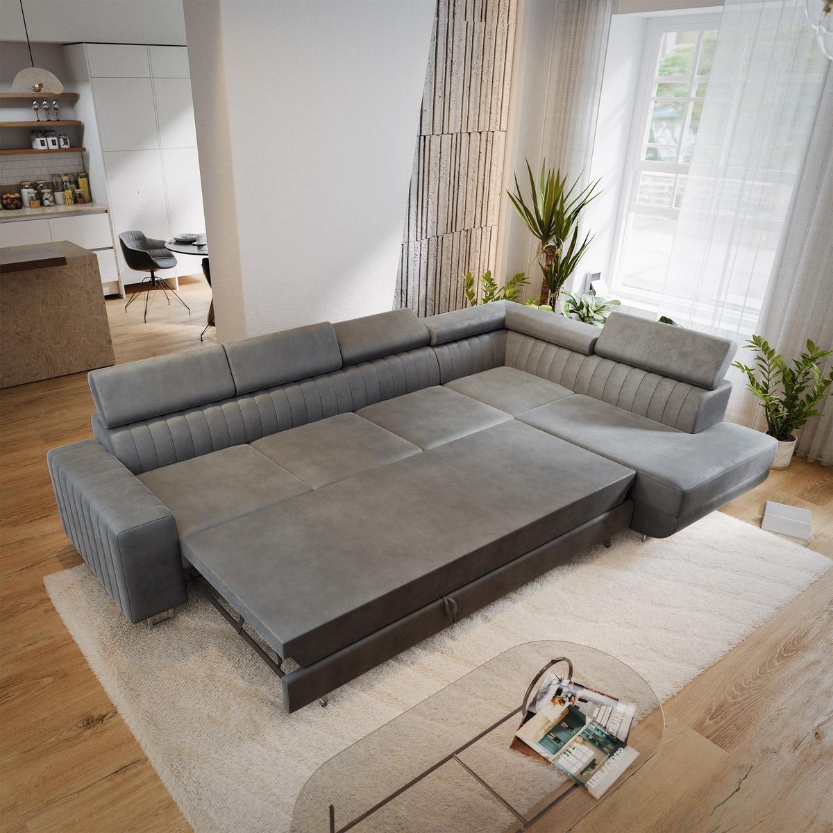ECKSOFA HESTION Grau Velours-Stoff mit Schlaffunktion - Grau, Holz (332/190cm) - MASSENO