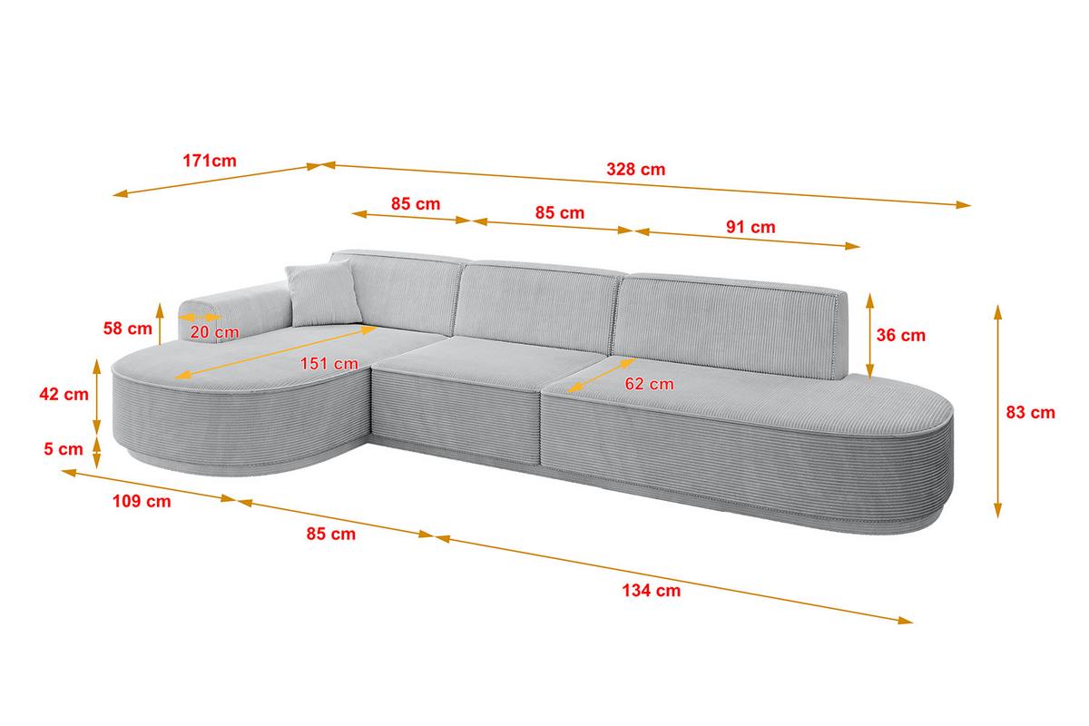 ECKSOFA Ottomane Links MARI-L2-v3 - 328x171x83 cm Grau Cord - Schwarz/Grau, Holzwerkstoff/Kunststoff (328/171cm) - ALTDECOR
