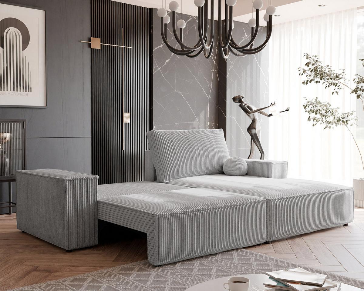 ECKSOFA HUGO Rechts, mit Schlaffunktion und Bettkasten, Hellgrau - Hellgrau, Textil (255/148cm) - Idohome