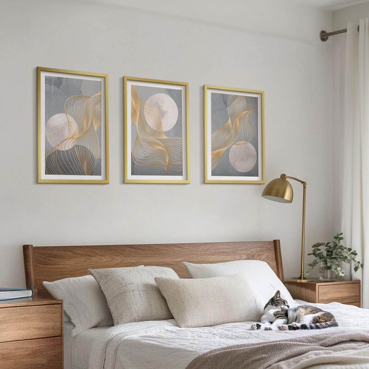 BILDER SET 3er Set - 40x60 cm Goldrahmen - Abstrakte Muster Wellen Kreise - Goldfarben, Kunststoff (40/60cm) - TULUP