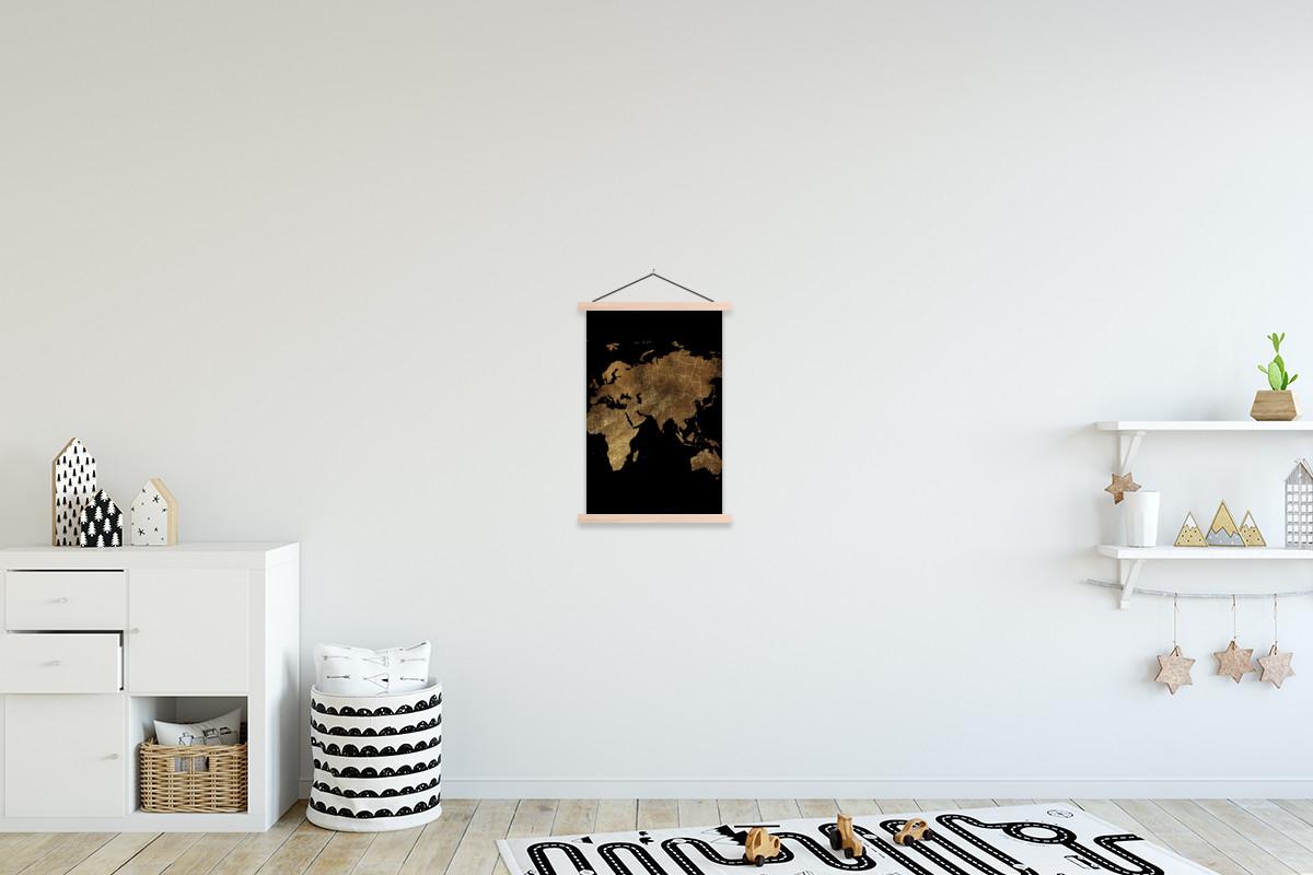POSTER MIT MAGNETLEISTEN Weltkarte - Gold - Luxus - Erde - Schwarz Deko Wohnzimmer 40x60 cm - Goldfarben, Textil (40/60/0.15cm) - MuchoWow