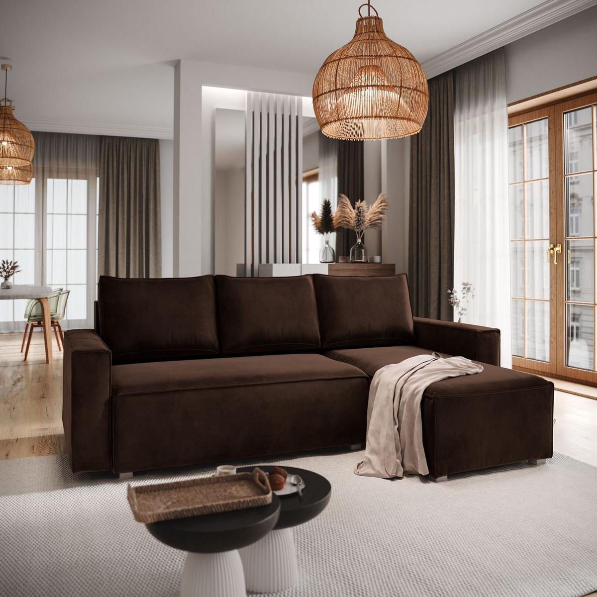 ECKSOFA SILES Braun Velours-Stoff mit Schlaffunktion - Braun/Grau, Holz/Kunststoff (230/140cm) - MASSENO