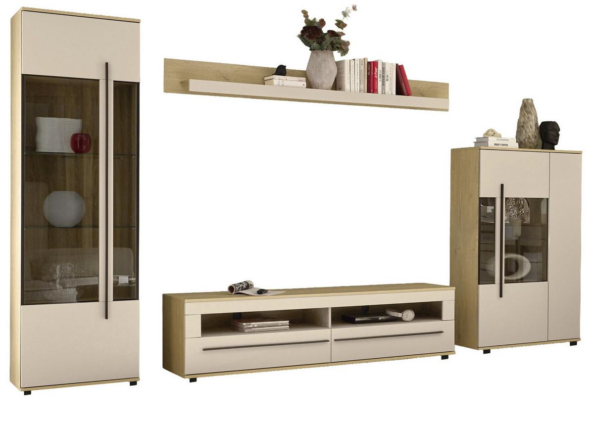 WOHNWAND Kaschmir, Eiche 4-teilig 350 cm, Wohnzimmer-Set mit Soft-Close - Kaschmir/Eichefarben, Glas/Holzwerkstoff (350/200/42cm) - Furn.Design