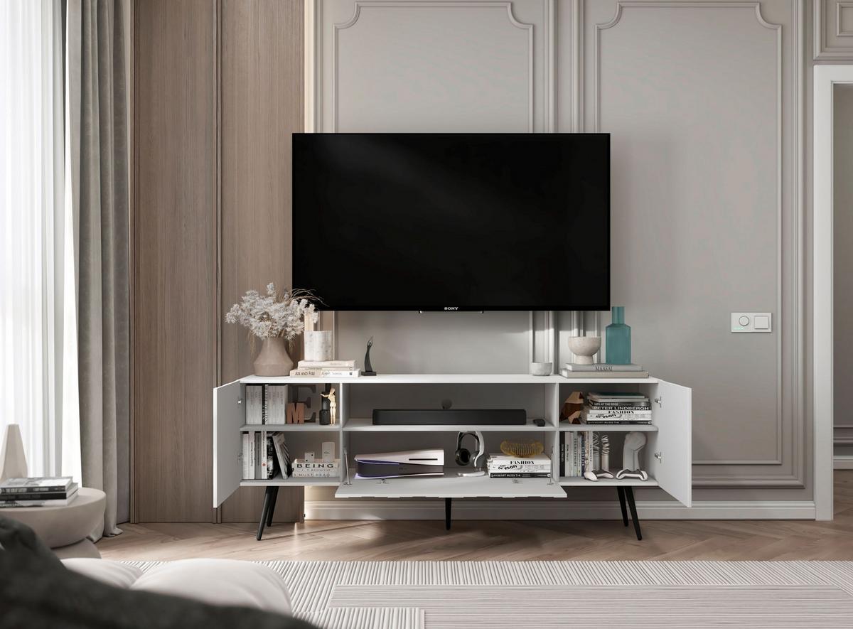 TV-SCHRANK Elpis Weiß Matt mit Metallbeine Glamour 150 cm - Schwarz/Weiß, Holzwerkstoff/Metall (150/60.5/36.5cm) - Meble Lindner
