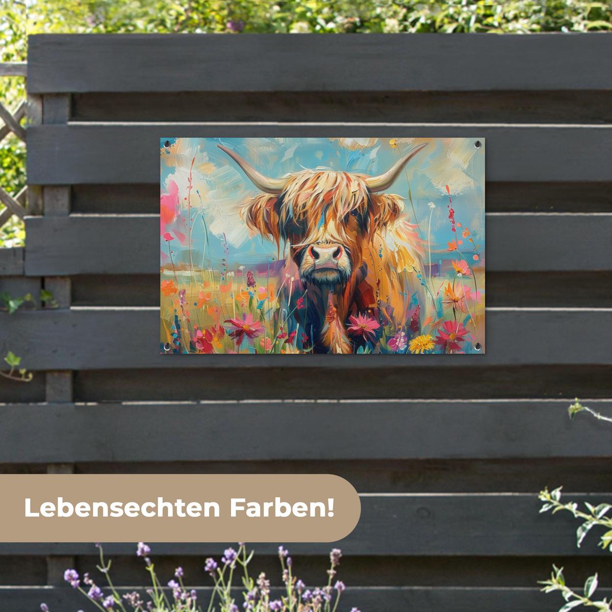GARTENPOSTER Schottische Hochländer - Natur - Farbenfroh - Blumen Gartendeko 90x60 cm - Hellblau, Kunststoff (90/60/0.2cm) - OnlyWow
