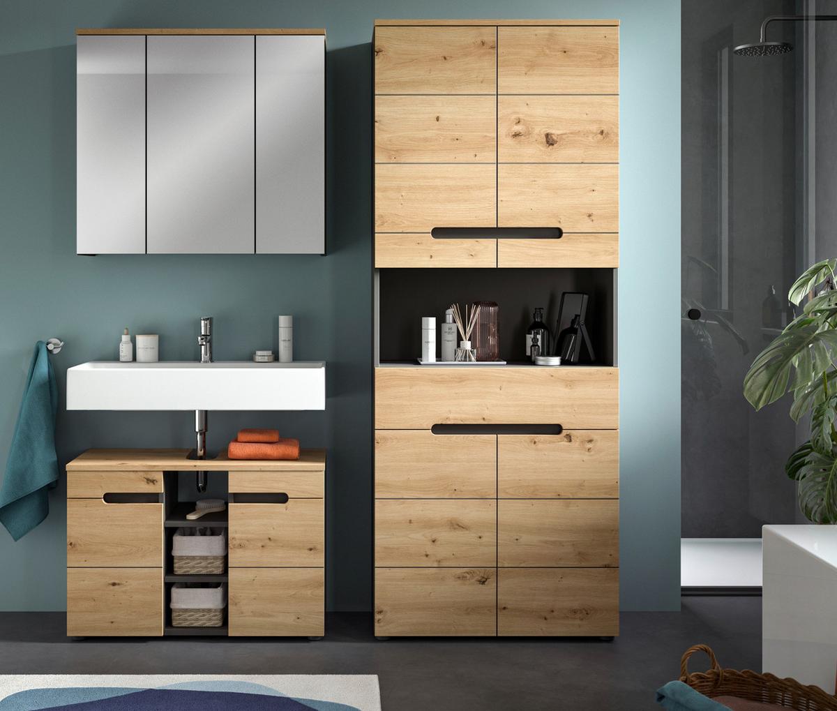 BADMÖBEL-SET Eiche, grau 2-teilig 80 cm, Komplettset mit Soft-Close - Schwarz/Eiche Artisan, Glas/Holzwerkstoff (80/193/34cm) - Inn.Furn