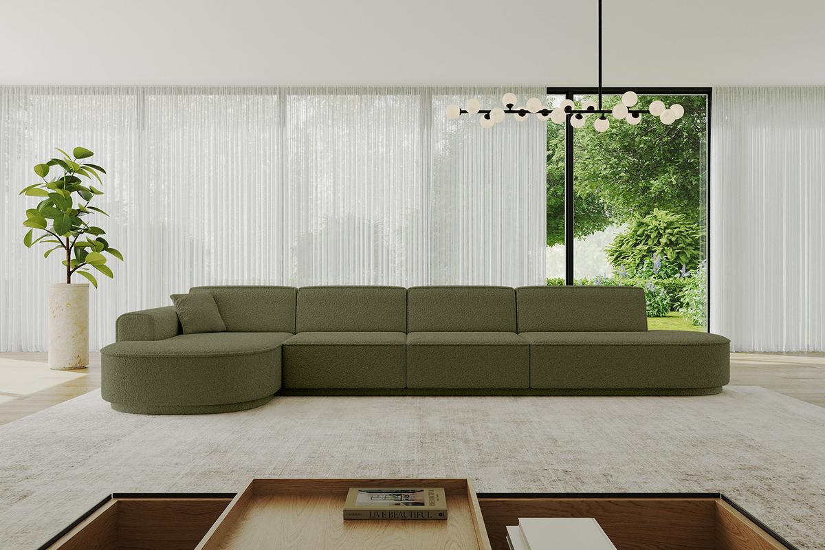 ECKSOFA Ottomane Links MARI-L3-v3 - 413x171x83 cm Grün Bouclé - Schwarz/Grün, Holzwerkstoff/Kunststoff (413/171cm) - ALTDECOR
