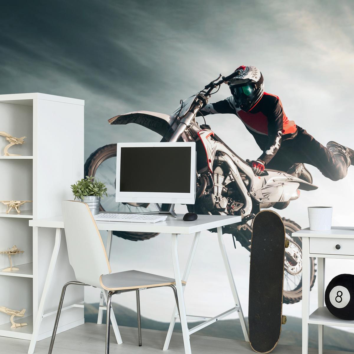 FOTOTAPETE für Jugendzimmer Motocross Sprung Mann Sport Berge Action 500x350 - Grau, Papier (500/350cm) - Muralo