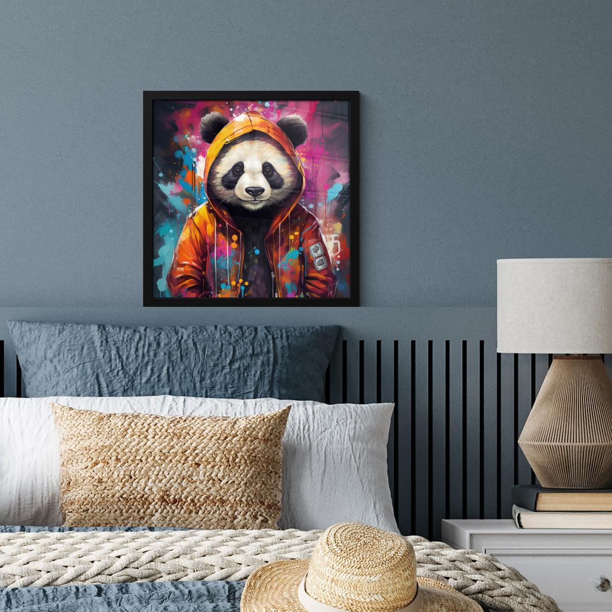 POSTER MIT RAHMENGERAHMTES BILD Panda - Jacke - Graffiti - Orange 40x40 cm - Orange, Papier (40/40cm) - MuchoWow