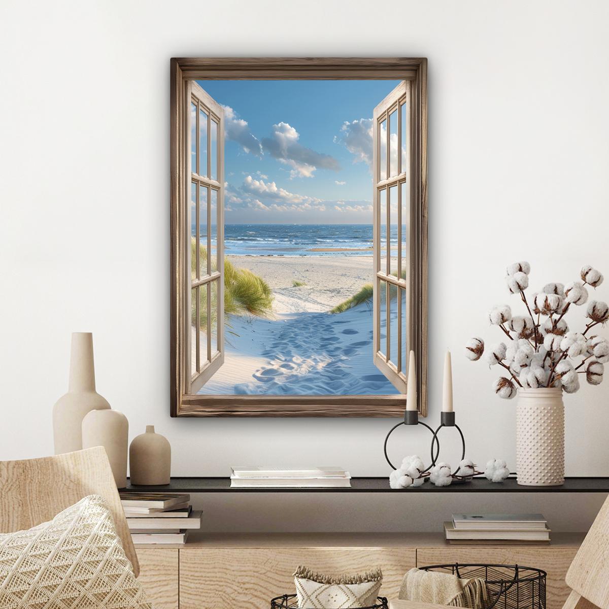 LEINWANDBILD Aussicht - Strand - Fenster - Dünen - Meer Wandbild Wohnzimmer 60x80 cm - Hellblau, Textil (60/80cm) - MuchoWow