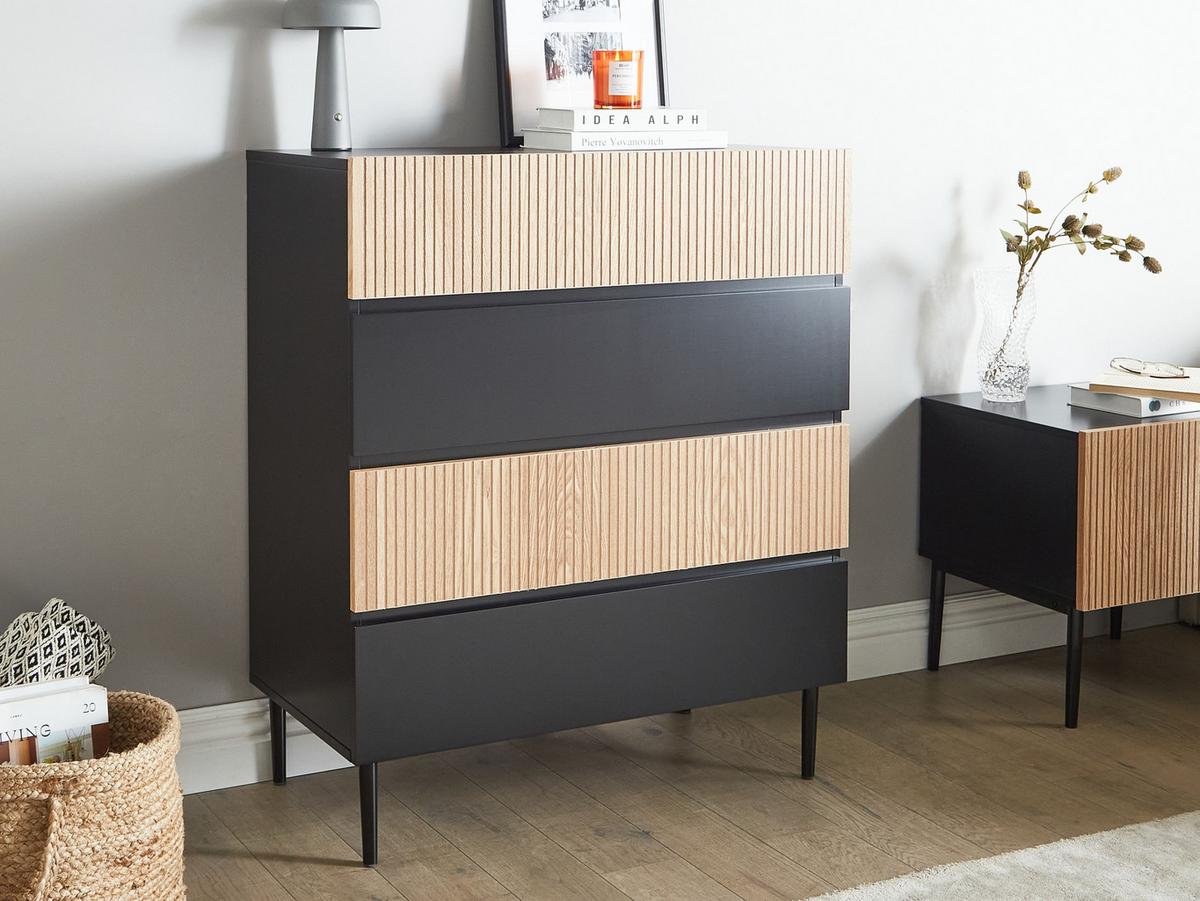 KOMMODE mit 4 Schubladen Naturfarbene Esche Schwarz Blythe - Schwarz/Braun, Holzwerkstoff/Metall (80/95/40cm) - Beliani