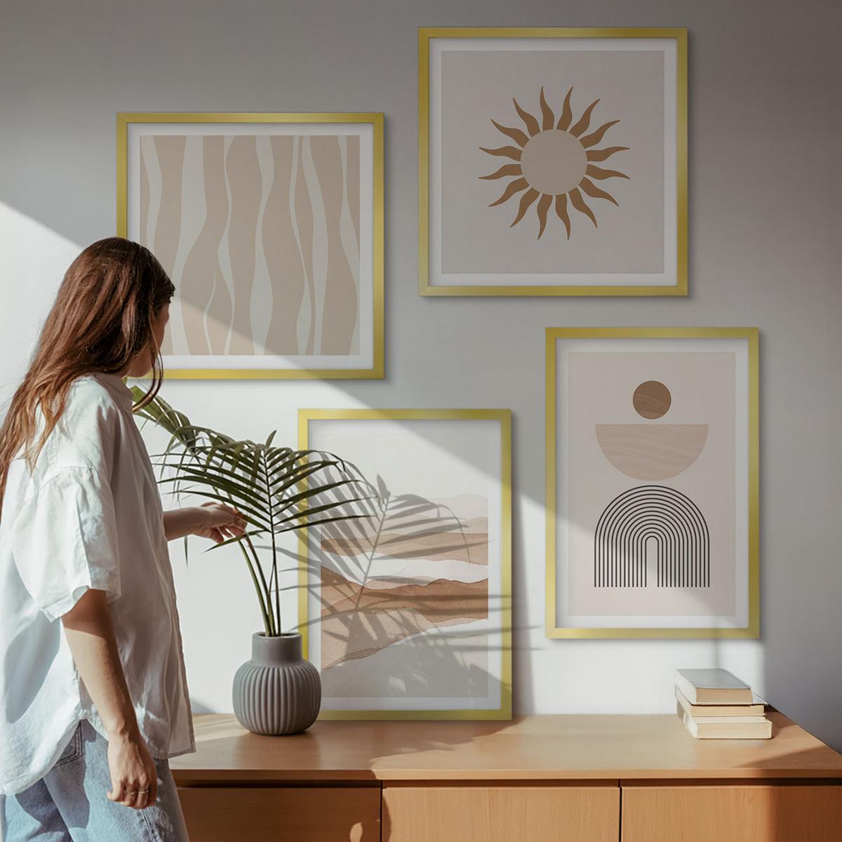 BILDER SET 4er Set - 50x50 cm & 40x60 cm Goldrahmen - Abstrakte Landschafts- und Naturgeometrie - Goldfarben, Kunststoff (50/50cm) - TULUP