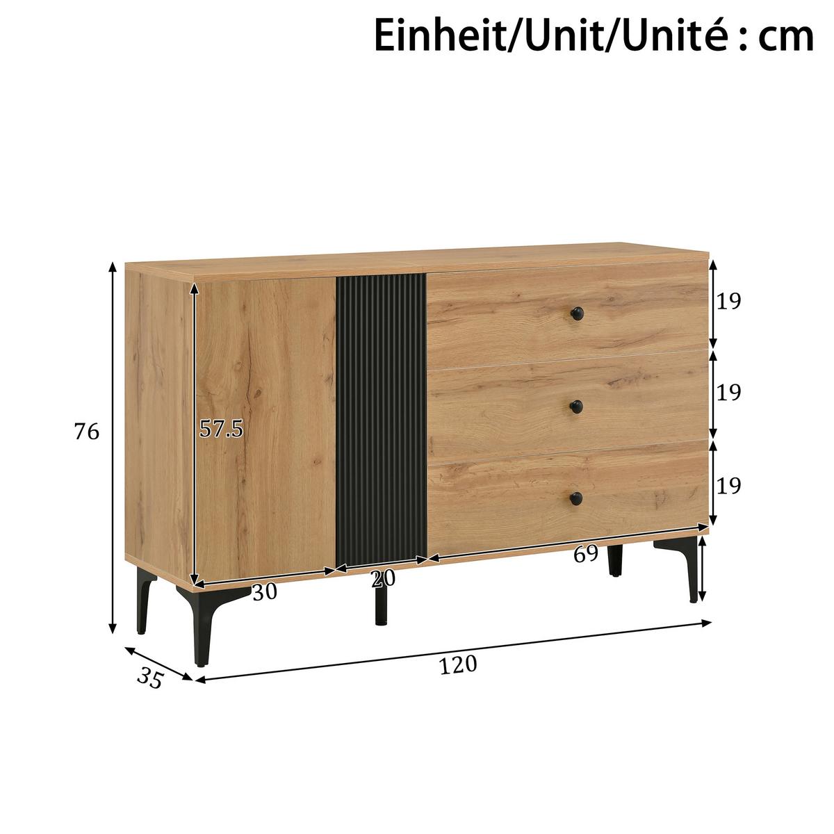 SIDEBOARD 120 cm Naturholz & Schwarz mit Tür, 3 Schubladen & Metallbeinen im skandinavischen Stil - Naturfarben, Holzwerkstoff (120/76/35cm) - Urban Meuble