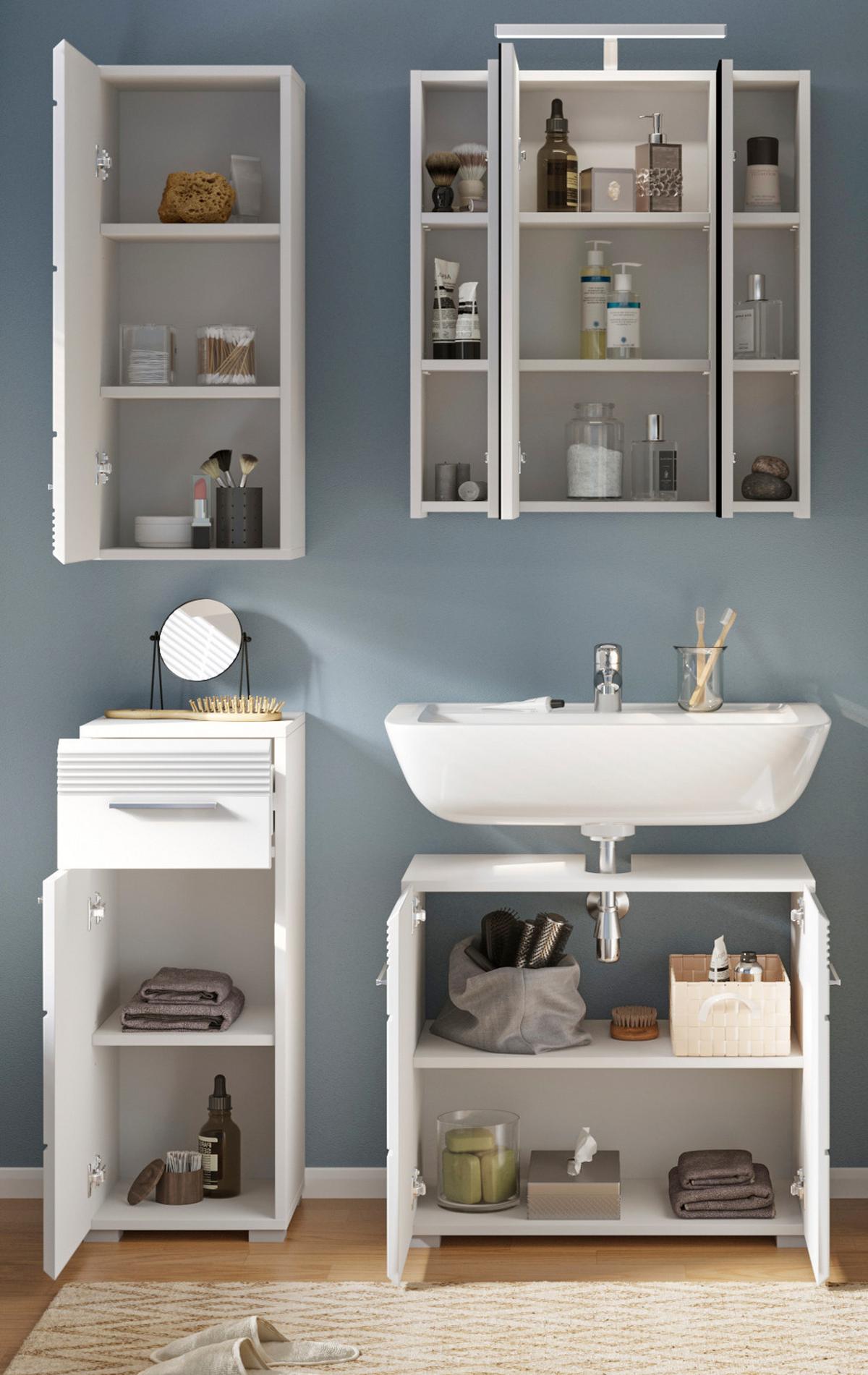 BADMÖBEL-SET, weiß Hochglanz 4-teilig, 105 x 182 cm, Badkombination mit Spiegelschrank - Weiß Hochglanz, Glas/Holzwerkstoff (105/182/34cm) - Inn.Furn