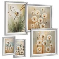 BILDER SET 5er Set - 50x50 cm & 20x30 cm & 40x60 cm Silberner Rahmen - Weiße Löwenzahnblüten auf hellem Hintergrund - Silberfarben, Kunststoff (40/60cm) - TULUP