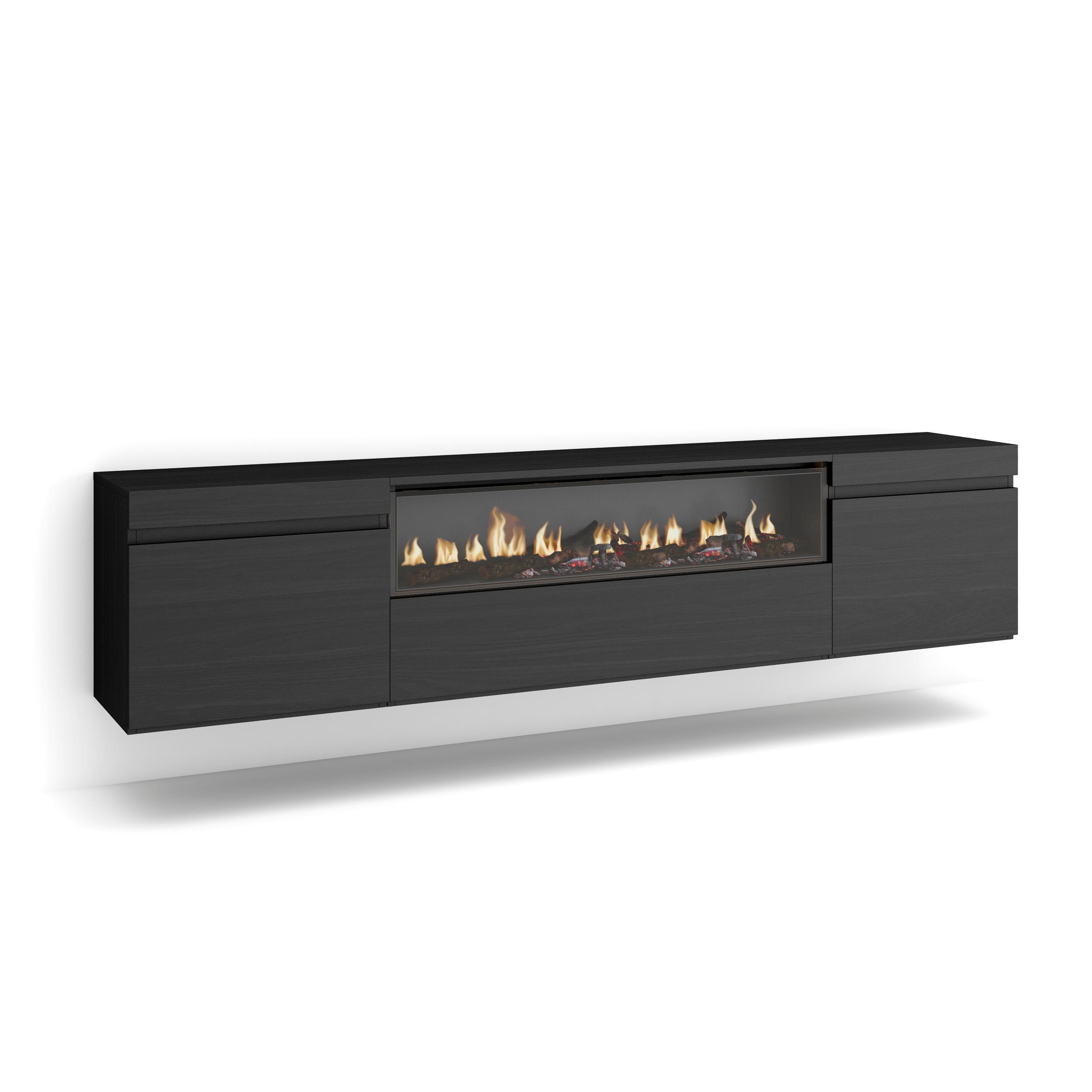 TV-SCHRANK schwarz, mit Elektrokamin, Hängend, 200/35/45cm - Anthrazit, Holzwerkstoff (200/45/35cm) - Skraut Home
