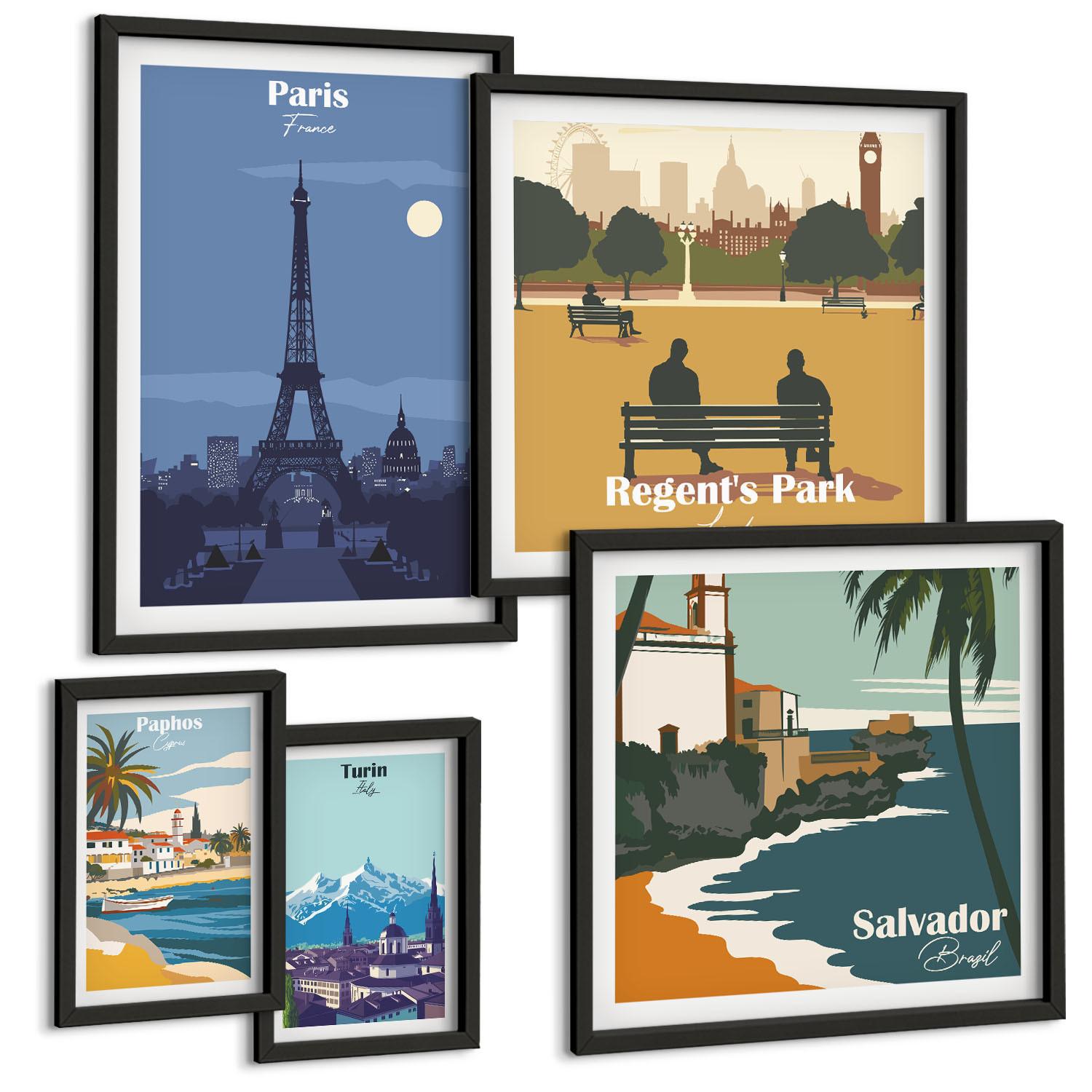 BILDER SET 5er Set - 50x50 cm & 20x30 cm & 40x60 cm Schwarzer Rahmen - Touristische Küstenlandschaften - Schwarz, Kunststoff (40/60cm) - TULUP