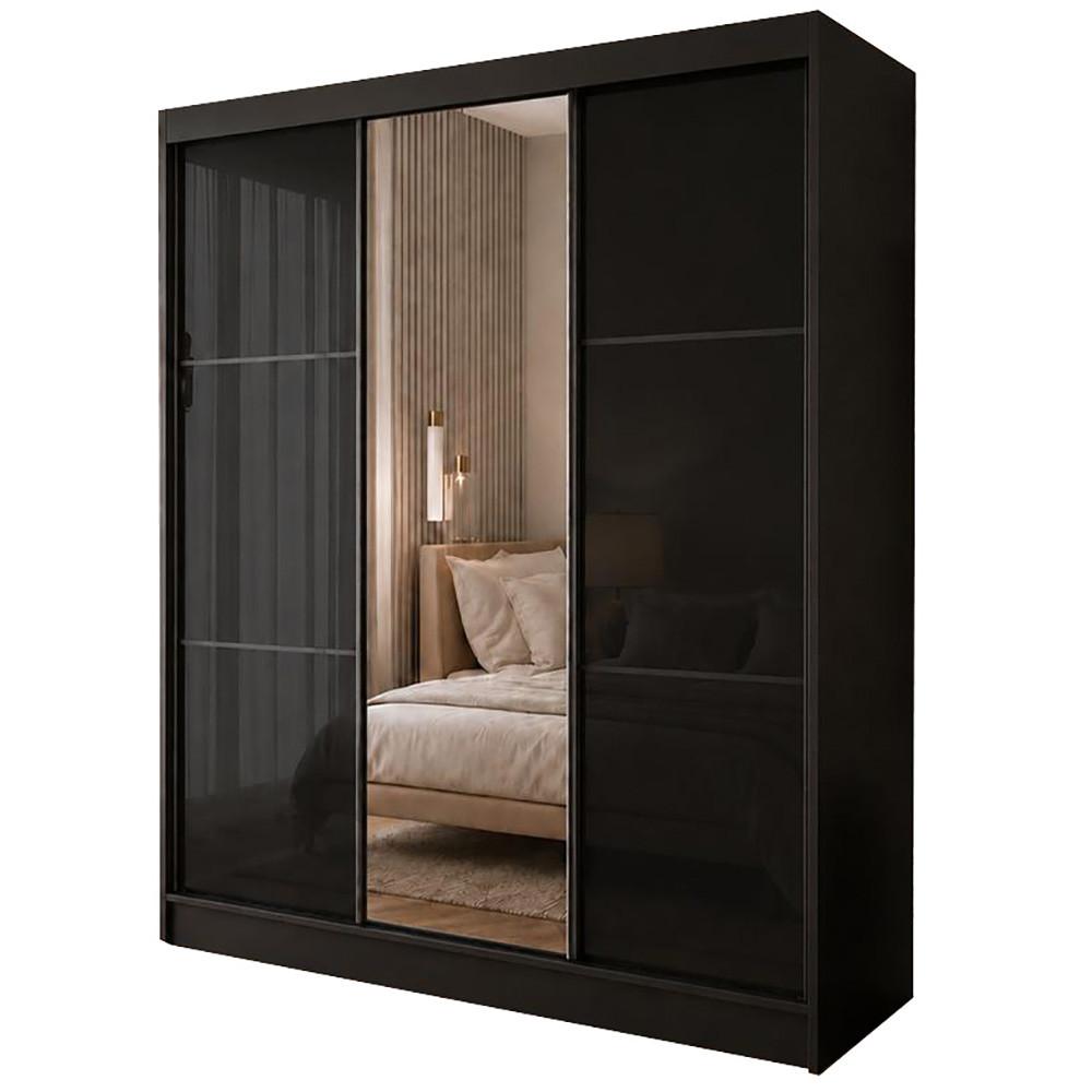 SCHWEBETÜRENSCHRANK Viva 180/216/61 Schwarz mit Lacobel-Glas - Schwarz, Holzwerkstoff (180/216/61cm) - Beautysofa