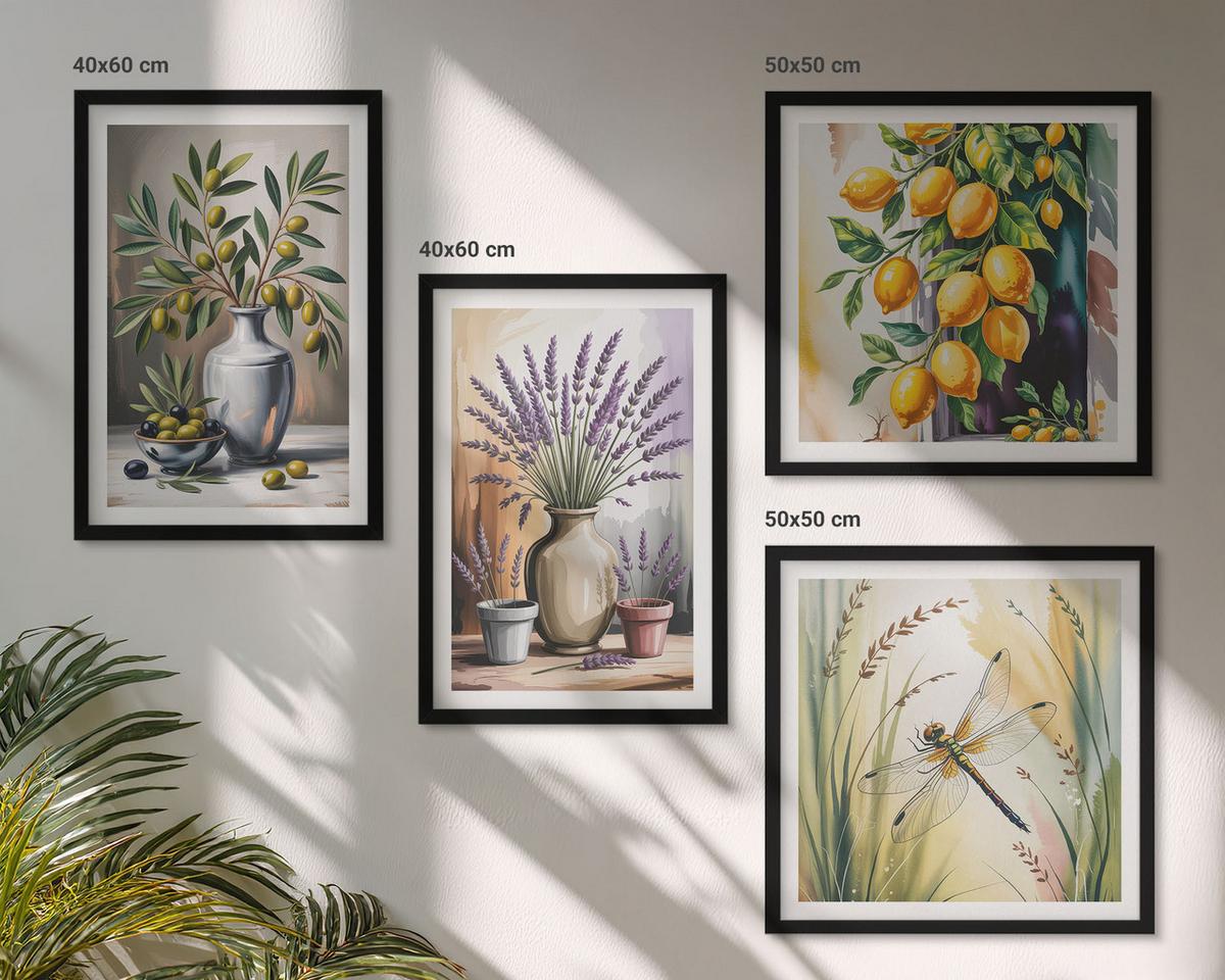 BILDER SET 4er Set - 50x50 cm & 40x60 cm Schwarzer Rahmen - Olivenblüten in Vasen Natur - Schwarz, Kunststoff (50/50cm) - TULUP