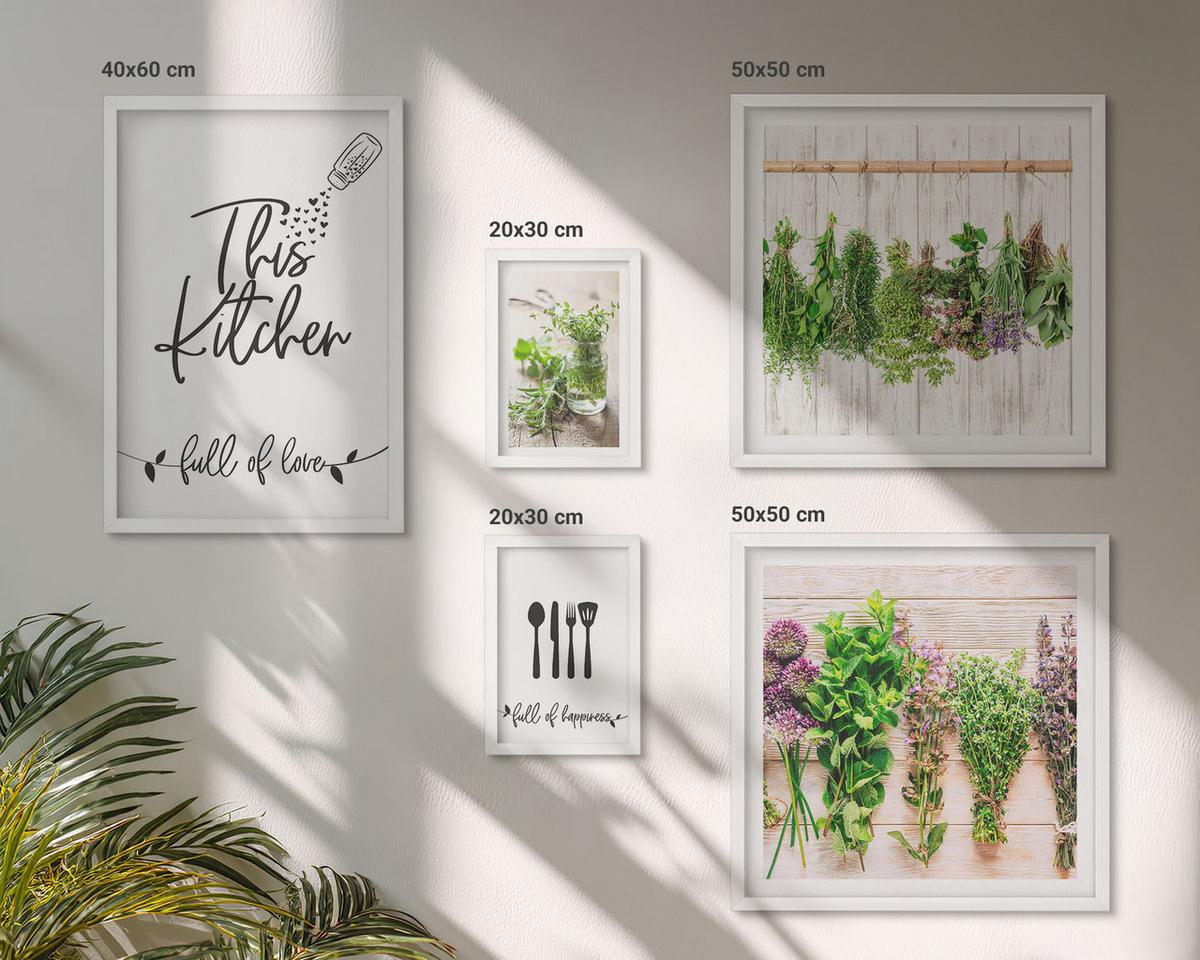 BILDER SET 5er Set - 50x50 cm & 20x30 cm & 40x60 cm Weißer Rahmen - Küchenthema: Getrocknete Kräuter - Weiß, Kunststoff (40/60cm) - TULUP