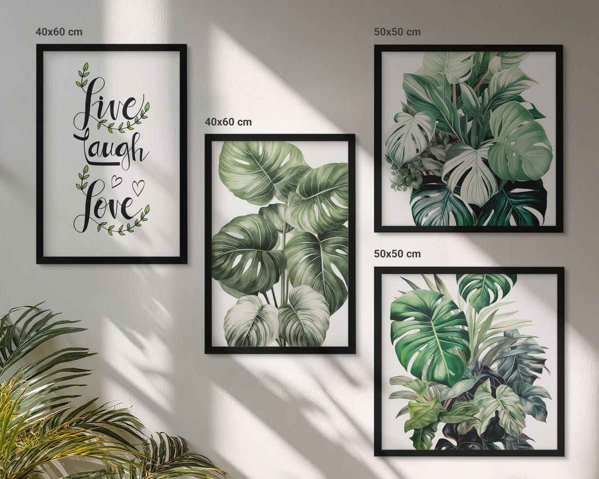BILDER SET 4er Set - 50x50 cm & 40x60 cm Schwarzer Rahmen - Blattpflanzen leben, lachen, lieben - Schwarz, Kunststoff (50/50cm) - TULUP