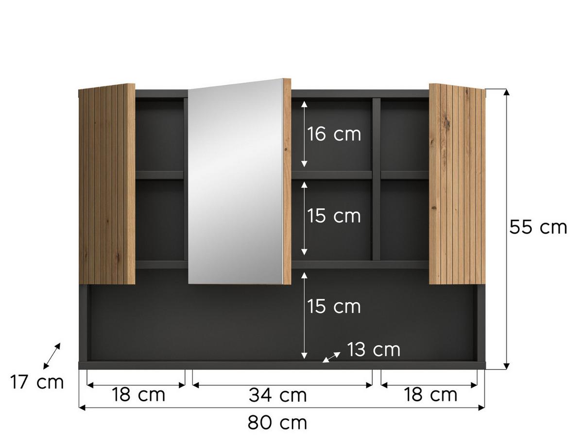 SPIEGELSCHRANK Eiche Artisan, grau 80 x 55 cm, Badschrank 3-türig - Eiche Artisan, Glas/Holzwerkstoff (80/55/17cm) - Inn.Furn