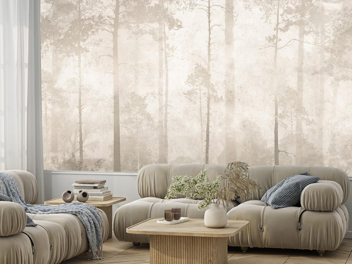 FOTOTAPETE für Wohnzimmer Nebliger Wald Vintage Bäume 350x256 - Beige/Braun, Papier (350/256cm) - Muralo
