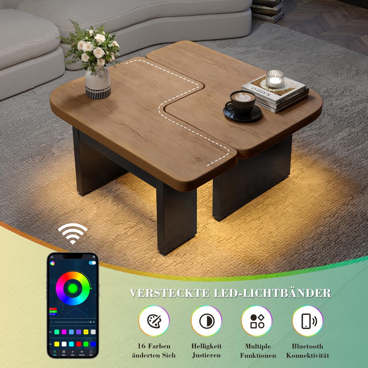 COUCHTISCH holzoptik led 2in1 schubladen - Naturfarben, Holzwerkstoff (60/135/44.5cm) - Urban Meuble
