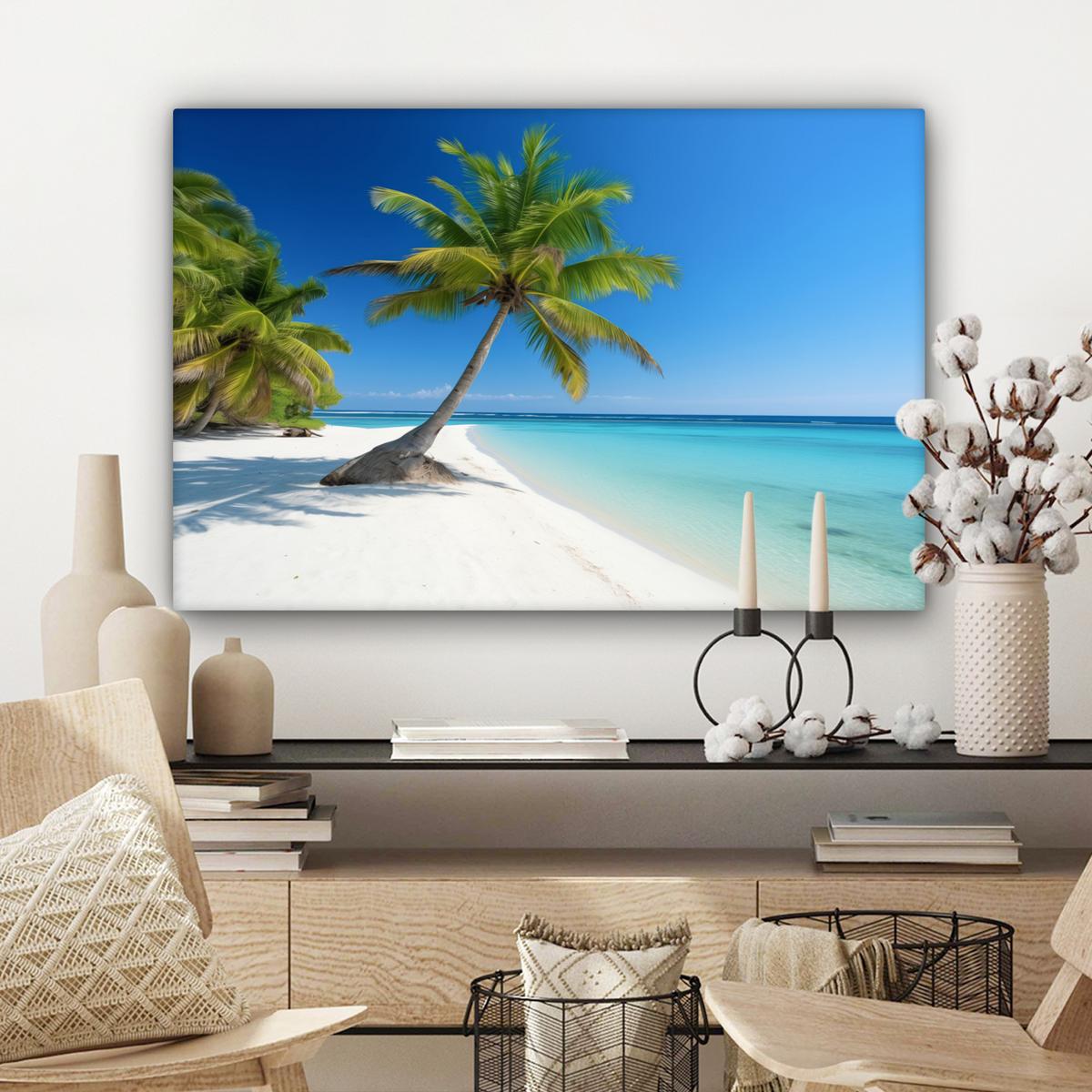 LEINWANDBILD Strand - Palme - Tropisch - Meer Wanddeko 90x60 cm - Grün, Textil (90/60cm) - MuchoWow