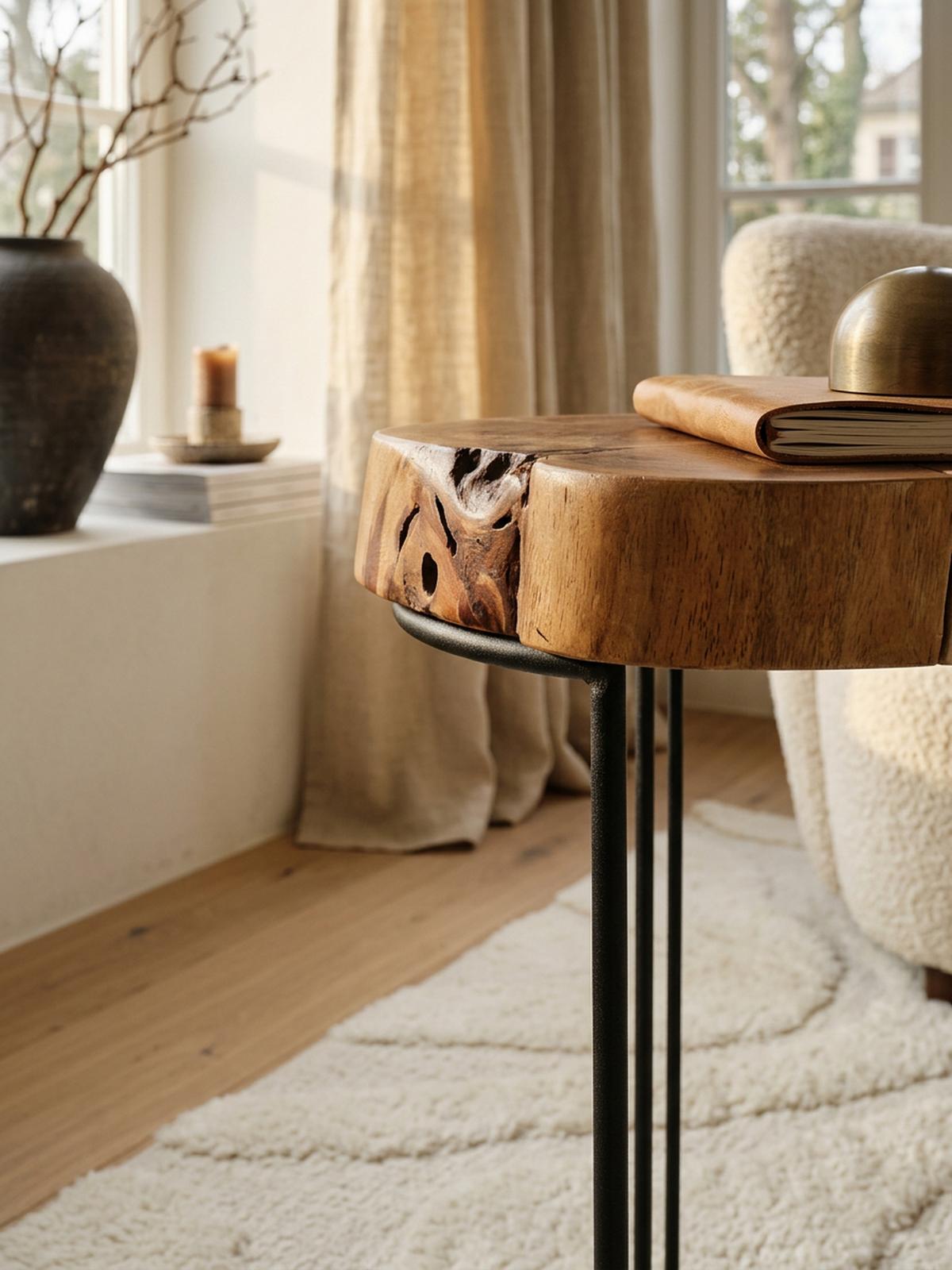 BEISTELLTISCH Massivholz Metallgestell Baumstammplatte Landhausstil INDI, Beige 28x28x45 cm - Beige/Schwarz, Holz/Metall (28/28/45cm) - KADIMA DESIGN
