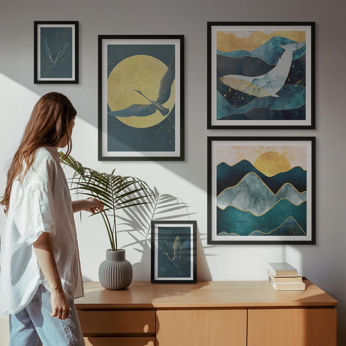 BILDER SET 5er Set - 50x50 cm & 20x30 cm & 40x60 cm Schwarzer Rahmen - Vögel, Kraniche, Mond, Berge - Schwarz, Kunststoff (40/60cm) - TULUP