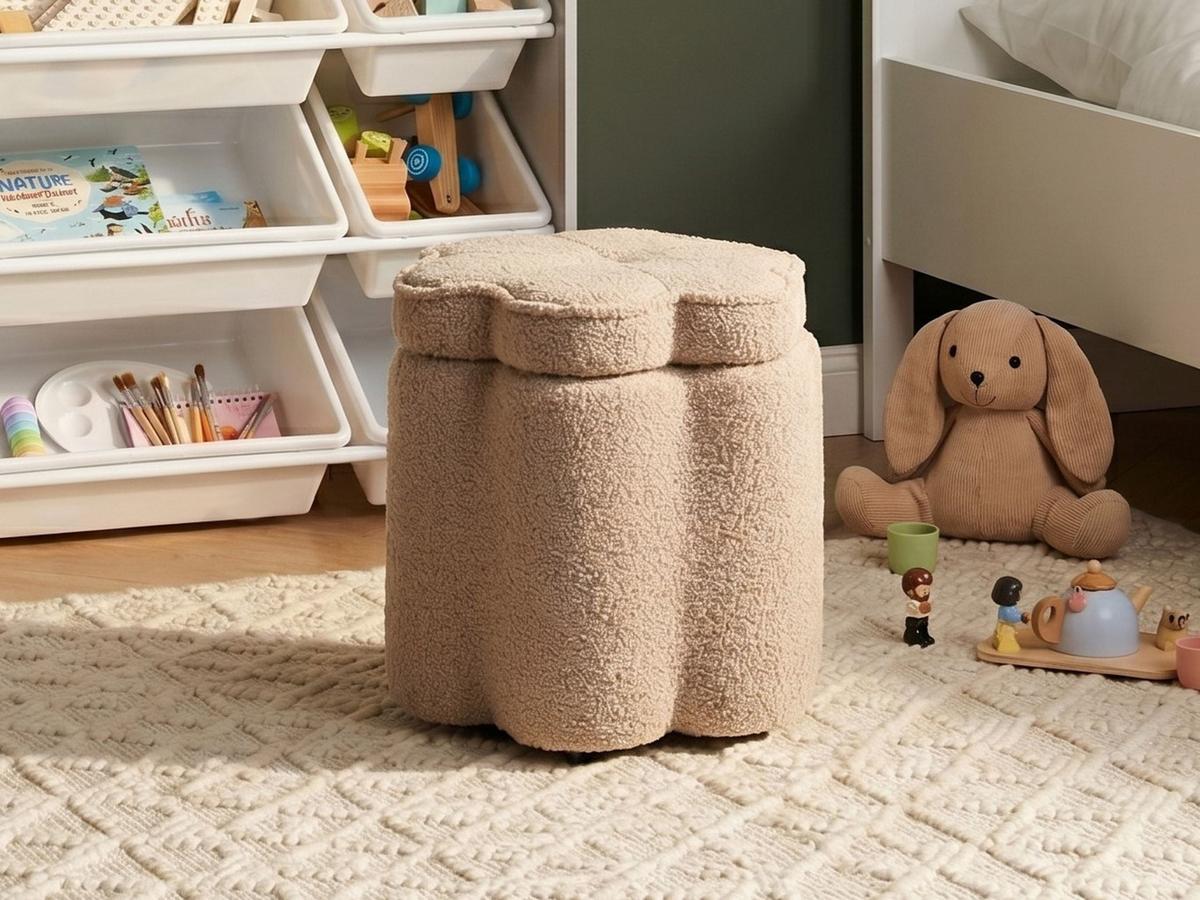 KINDERHOCKER mit Stauraum Bouclé Beige Blume Flower - Beige/Schwarz, Textil (40/38/40cm) - Beliani