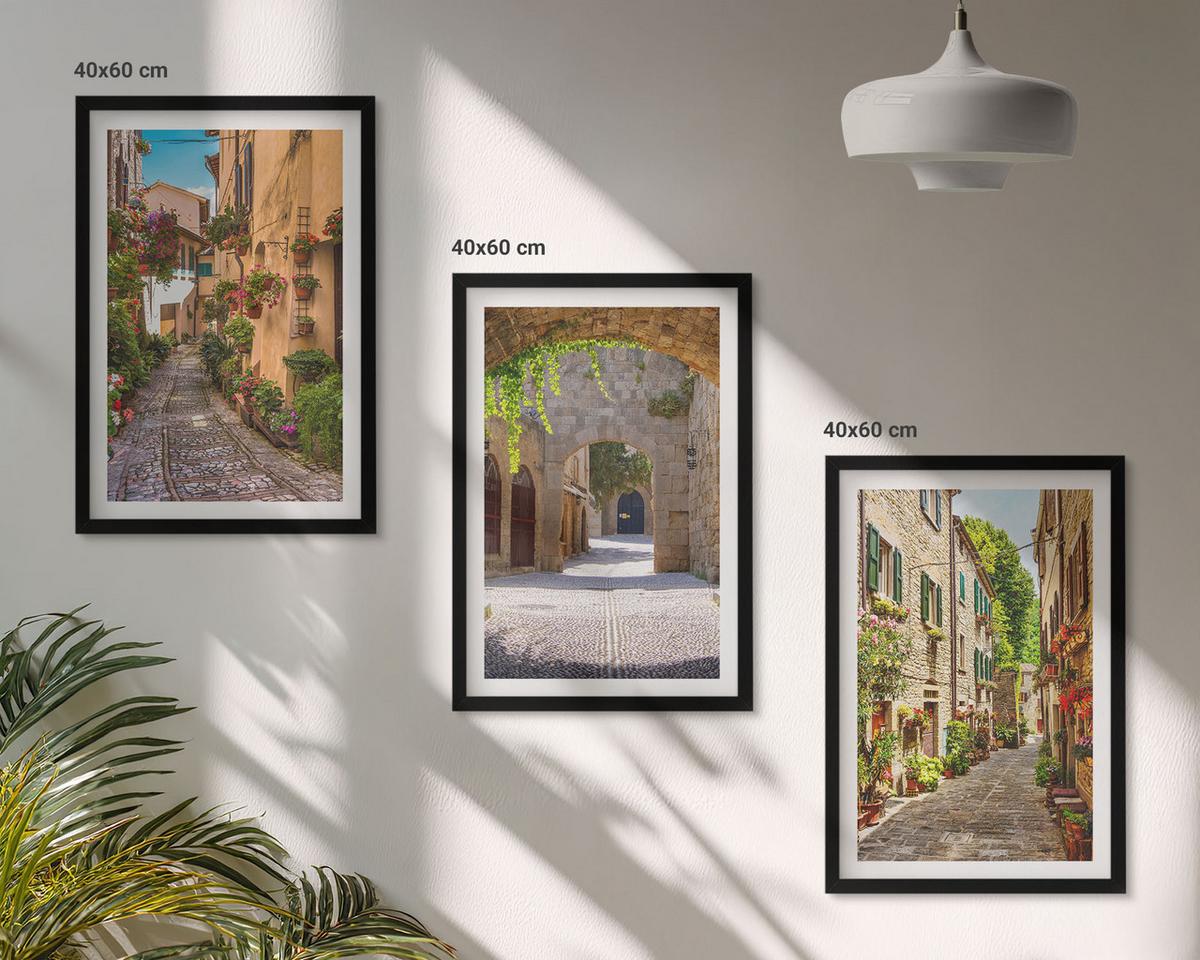 BILDER SET 3er Set - 40x60 cm Schwarzer Rahmen - Italienische Straßen, Blumen, Architektur - Schwarz, Kunststoff (40/60cm) - TULUP