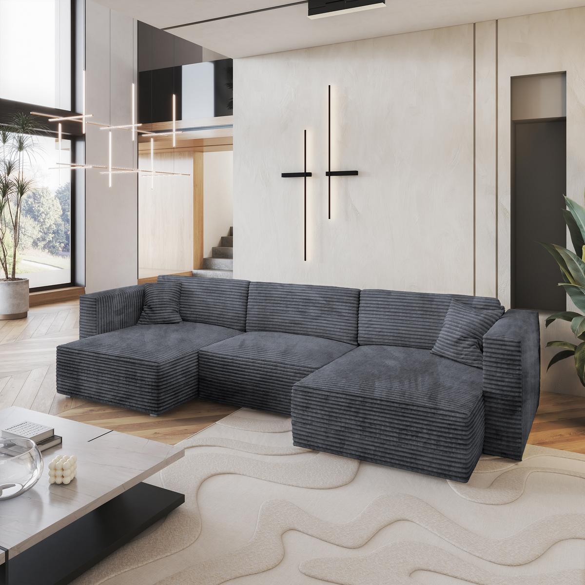 WOHNLANDSCHAFT SARMO Graphitfarben Kordstoff mit Schlaffunktion - Graphitfarben/Grau, Holz/Kunststoff (347/90/148cm) - MASSENO
