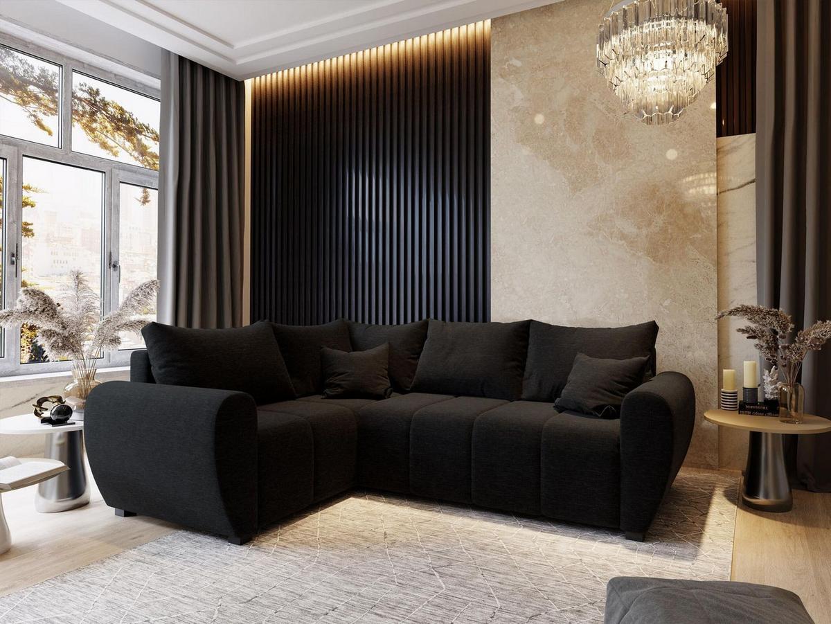 ECKSOFA MADISON L L-S Schwarz Dünner Stoff mit Schlaffunktion - Schwarz, Holz/Kunststoff (235/175cm) - MASSENO