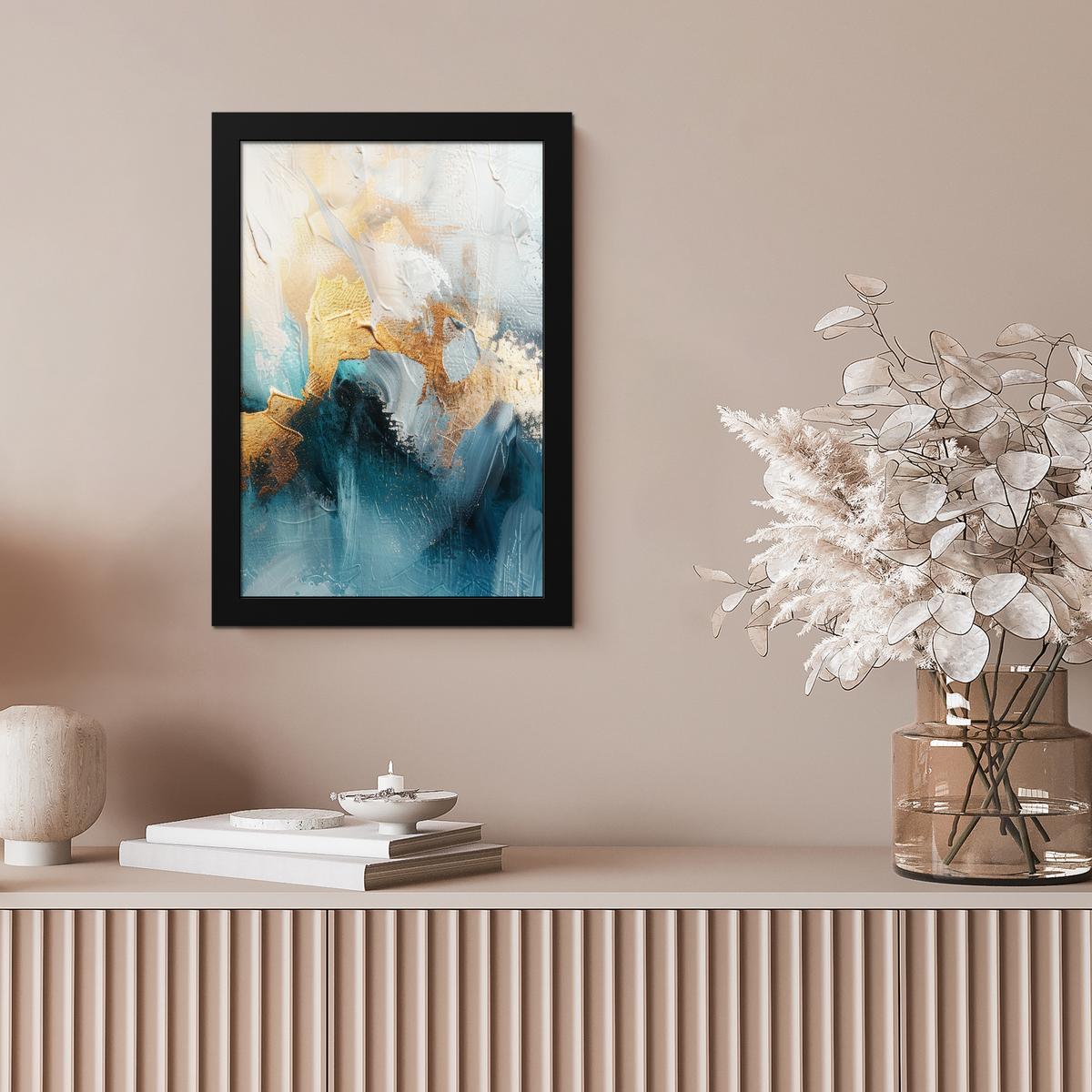 POSTER MIT RAHMEN Abstrakt - Kunst - Gold - Blau Poster 20x30 cm - Petrol, Papier (20/30cm) - MuchoWow