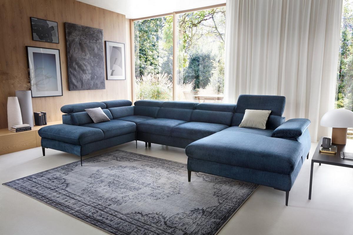 WOHNLANDSCHAFT MESTO Blau Velours-Stoff mit Schlaffunktion - Blau, Holz (353/94/182cm) - MASSENO