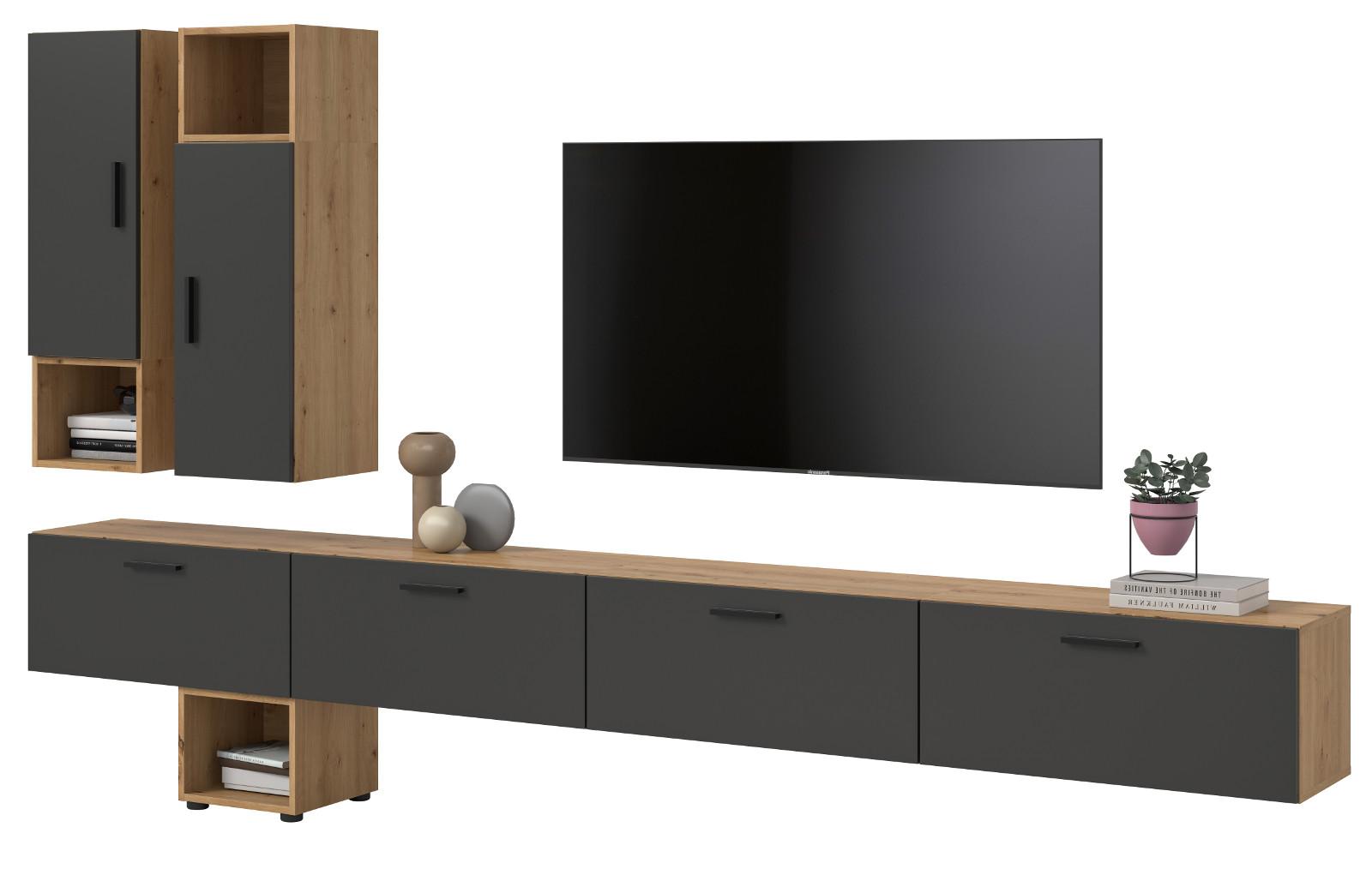 WOHNWAND grau, Eiche Artisan 300 cm, Wohnkombination hängend / stehend - Schwarz/Eiche Artisan, Holzwerkstoff/Kunststoff (300/178/34cm) - Inn.Furn