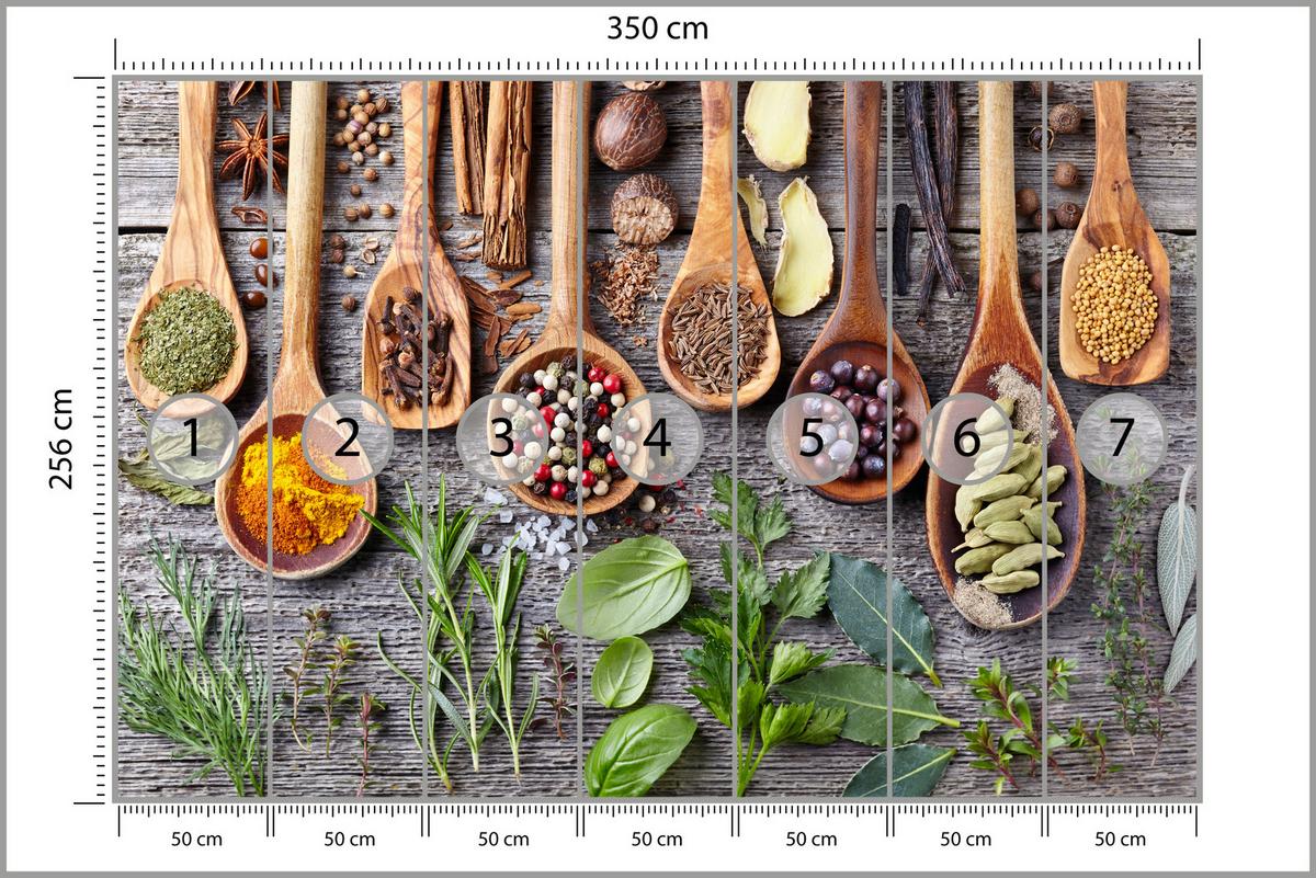 FOTOTAPETE für Küche Kräuter Gewürze Holzlöffel Tisch 350x256 - Gelb/Beige, Papier (350/256cm) - Muralo